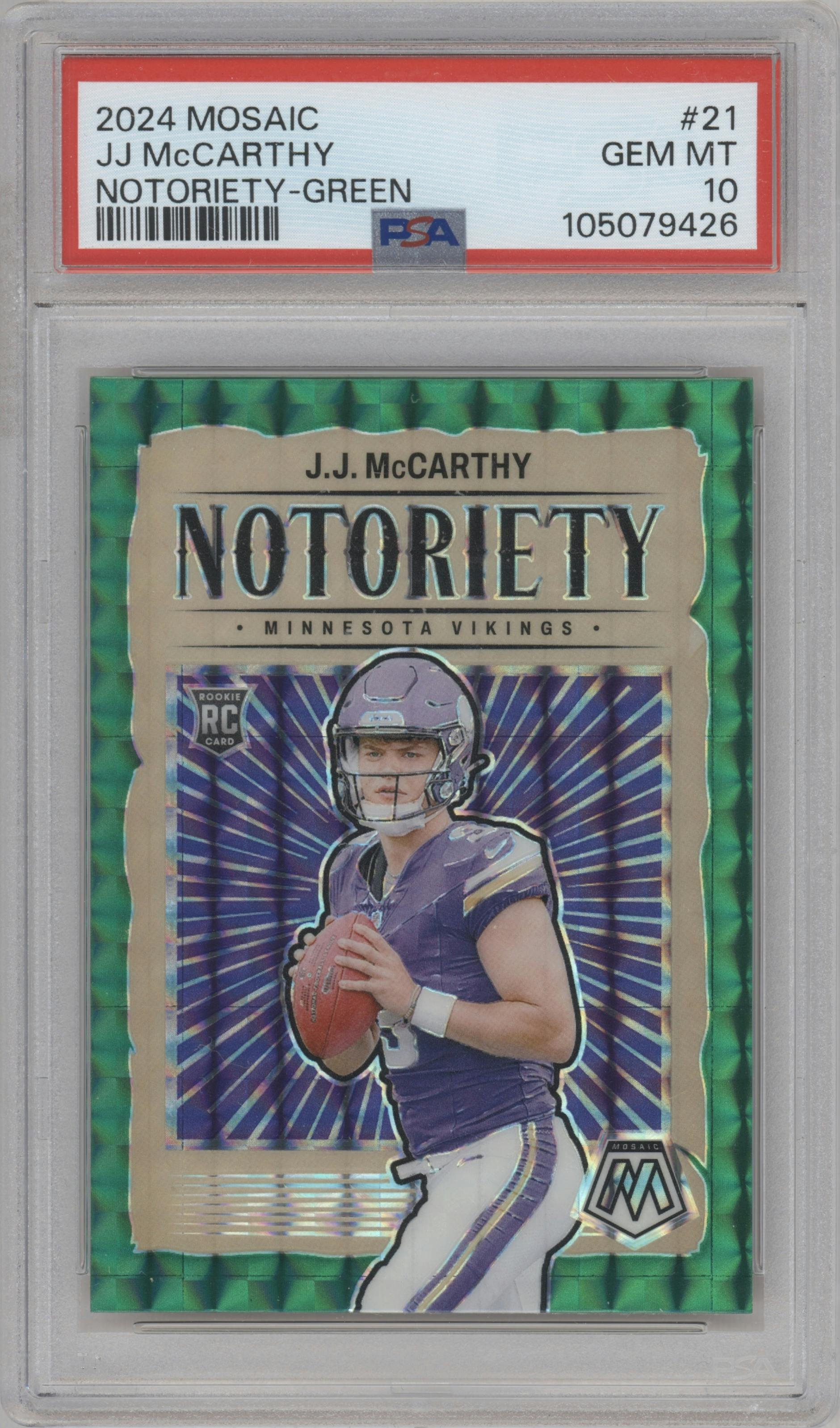 J.J. McCarthy from the 2024 Panini Mosaic set featuring a Green Mosaic parallel graded by PSA and given an overall grade of 10.
