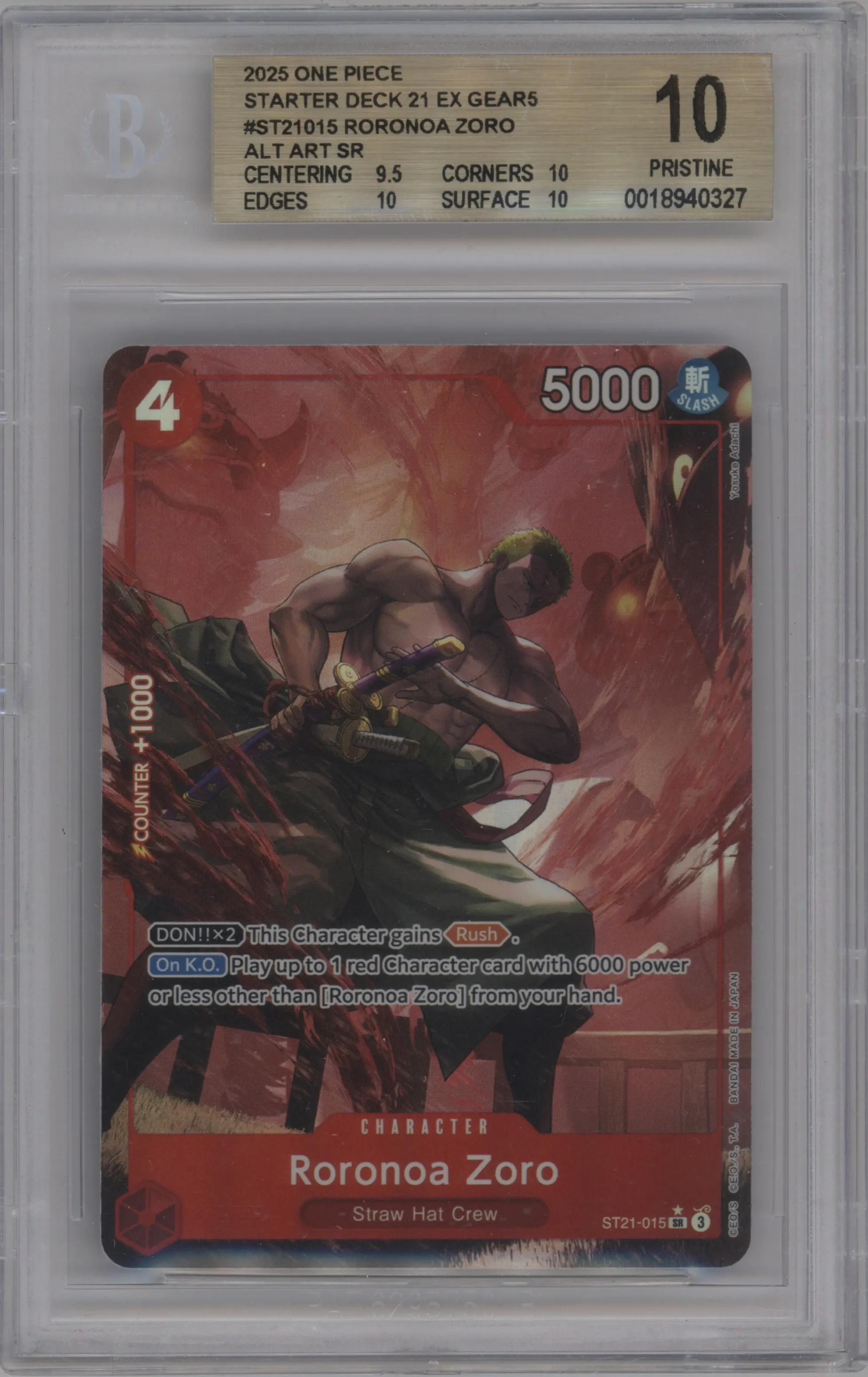 2025 One Piece Starter Deck EX Roronoa Zoro Alternate Art BGS 10