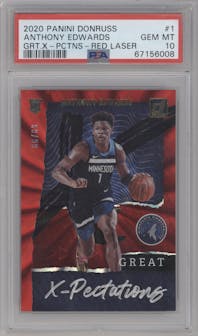 Anthony Edwards from the 2020-21 Panini Donruss set featuring a Red Laser parallel graded by PSA and given an overall grade of 10.
