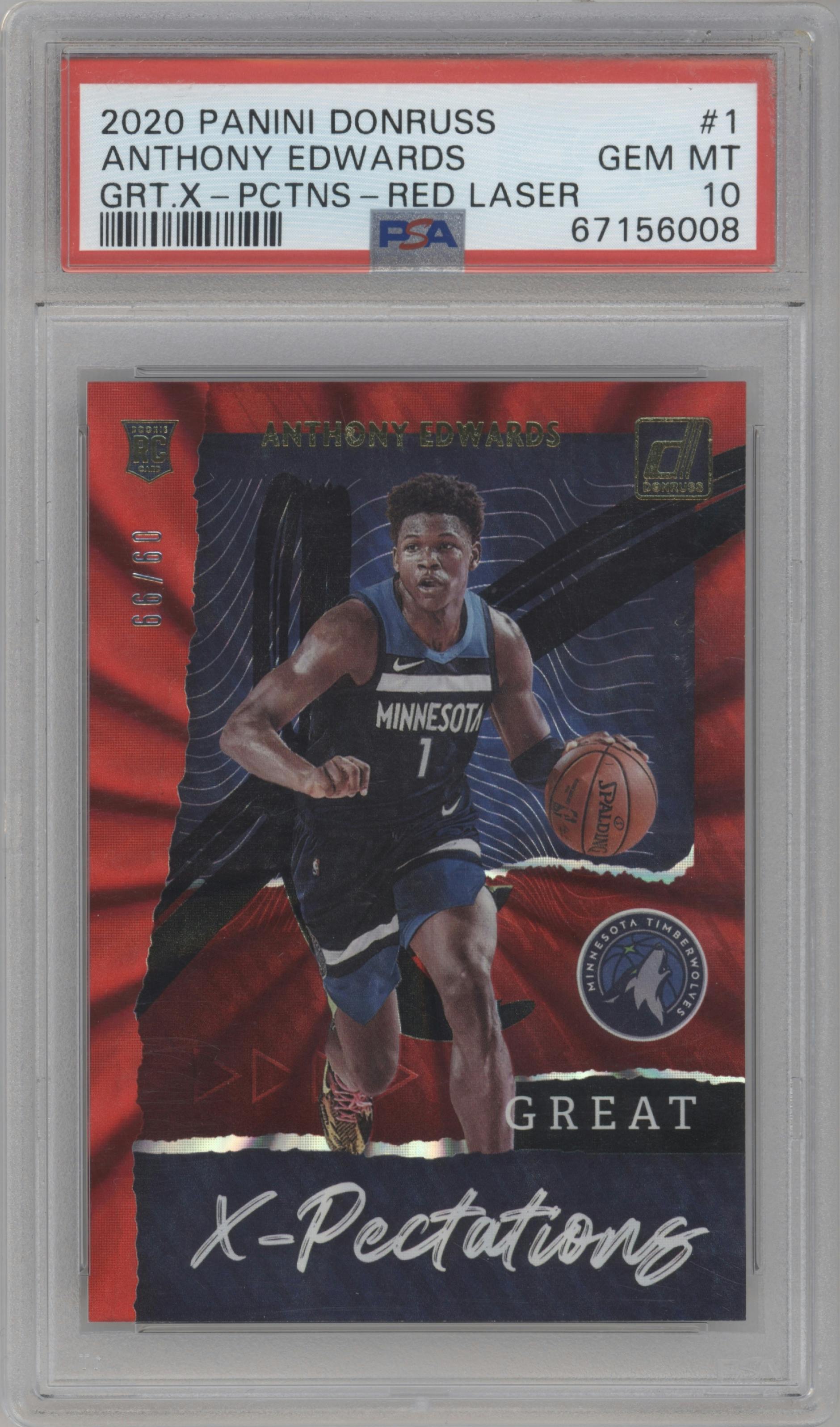 Anthony Edwards from the 2020-21 Panini Donruss set featuring a Red Laser parallel graded by PSA and given an overall grade of 10.