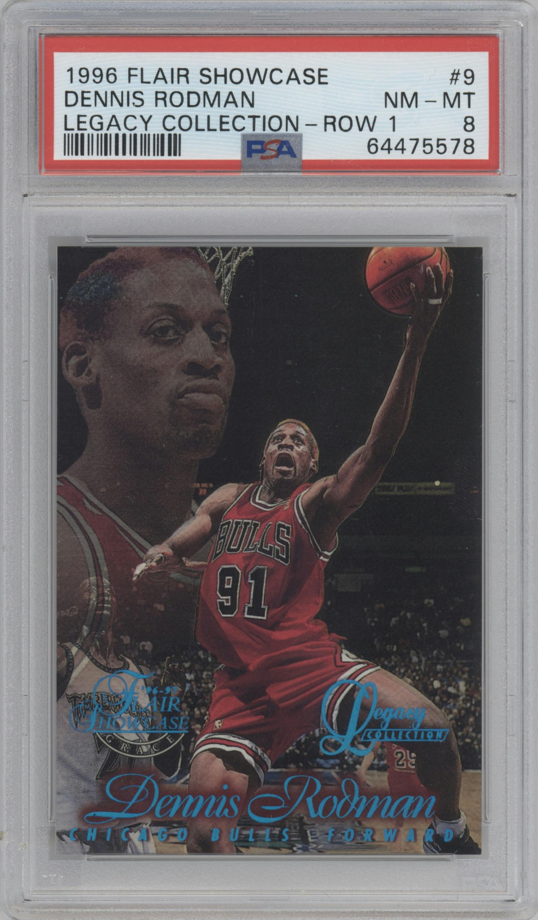 Dennis Rodman from the 1996-97 Flair Showcase  set featuring a Legacy Collection parallel graded by PSA and given an overall grade of 8.
