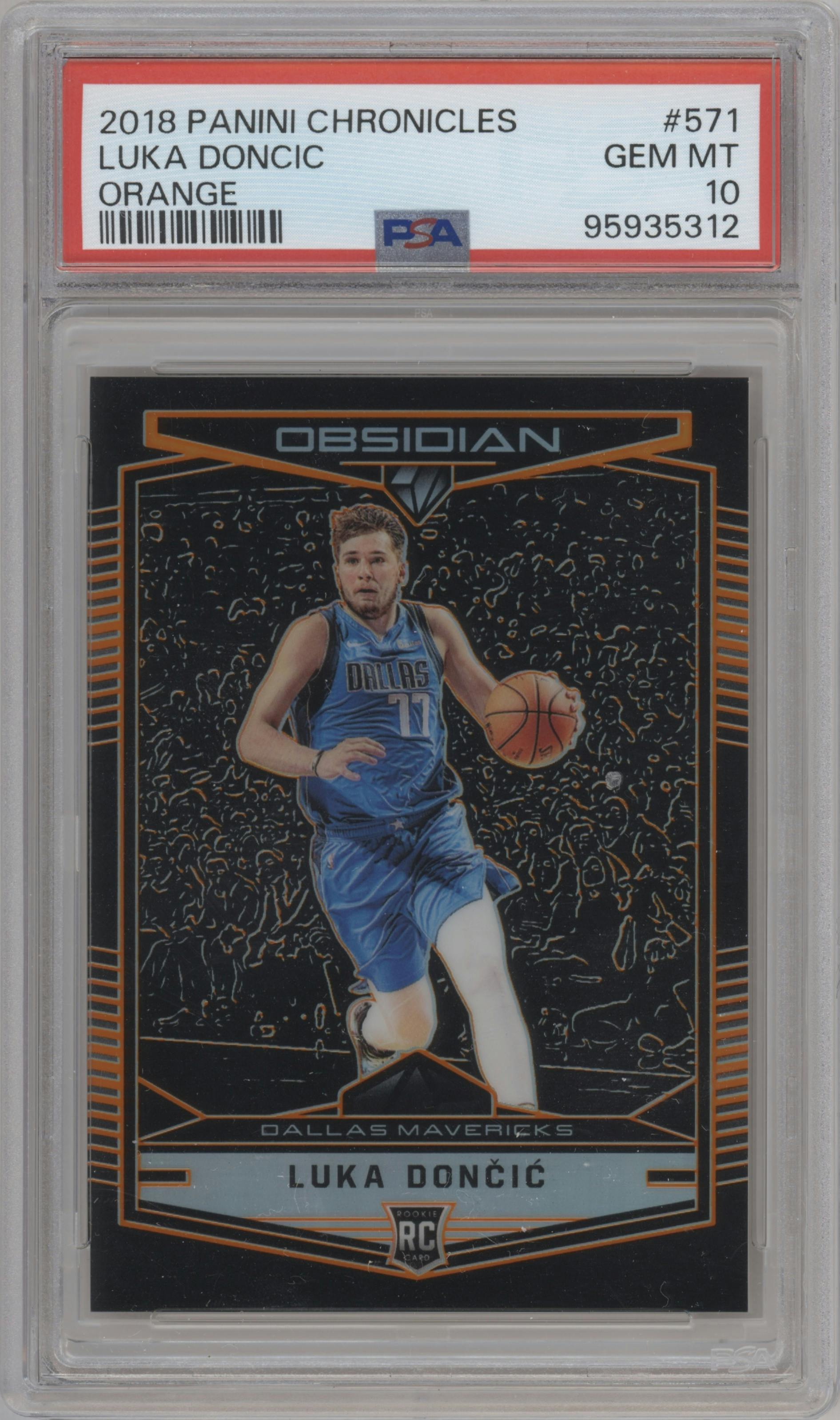 Luka Doncic from the 2018-19 Panini Chronicles set featuring a Orange parallel graded by PSA and given an overall grade of 10.