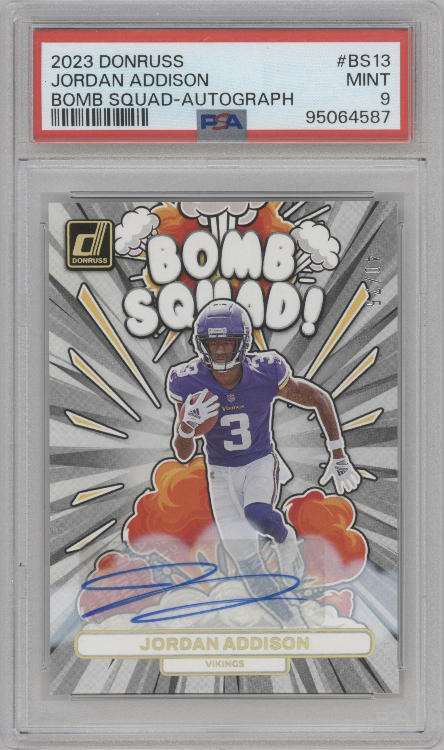 Jordan Addison from the 2023 Panini Donruss set graded by PSA and given an overall grade of 9.