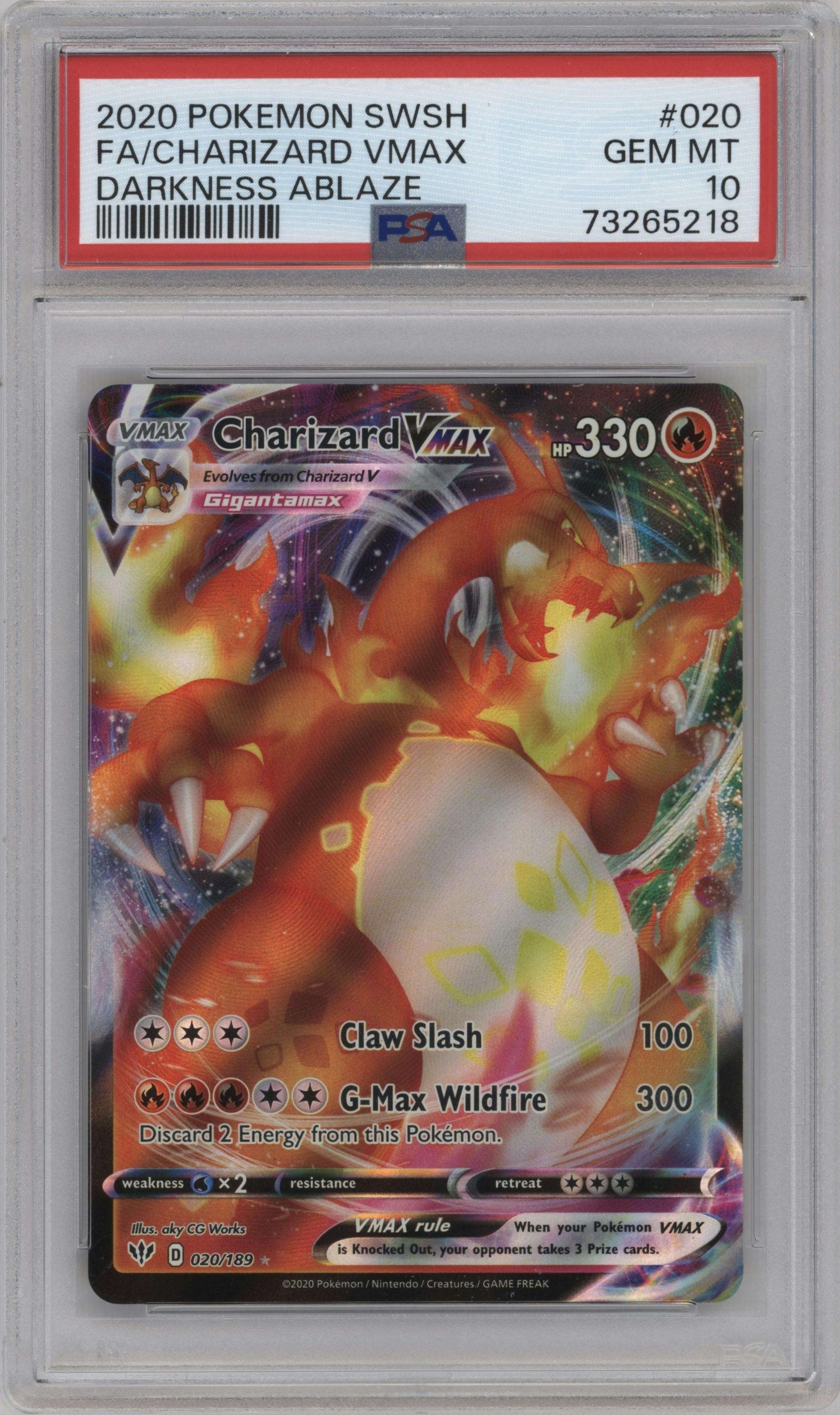 Charizard VMAX from the 2020 Pokemon SWSH set graded by PSA and given an overall grade of 10.