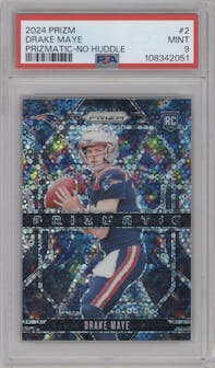 Drake Maye from the 2024 Panini Prizm set featuring a No Huddle parallel graded by PSA and given an overall grade of 9.