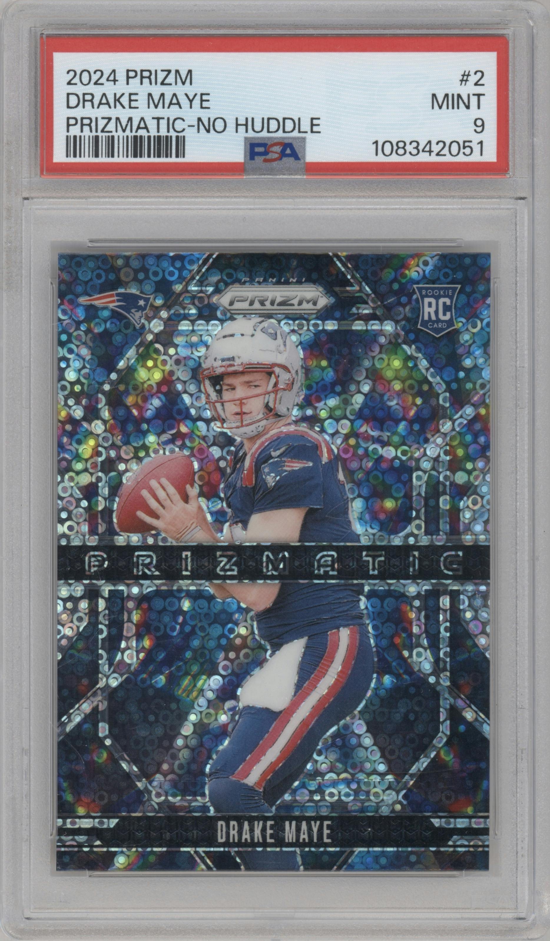 Drake Maye from the 2024 Panini Prizm set featuring a No Huddle parallel graded by PSA and given an overall grade of 9.
