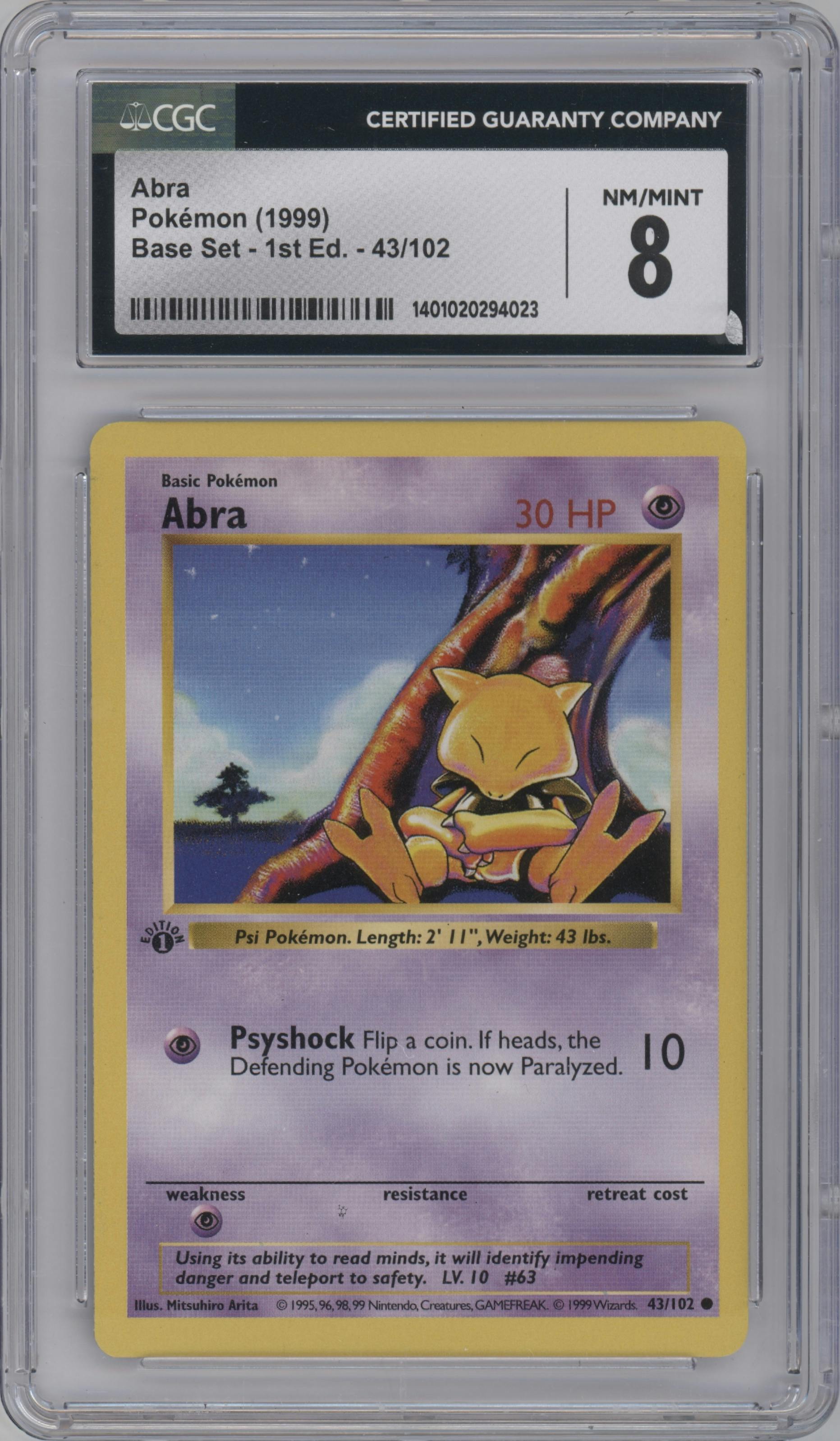Abra from the 1999 Pokemon set graded by CSG and given an overall grade of 8.