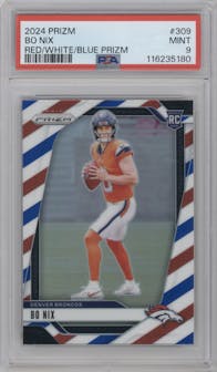 Bo Nix from the 2024 Panini Prizm set featuring a Red White Blue Prizm parallel graded by PSA and given an overall grade of 9.