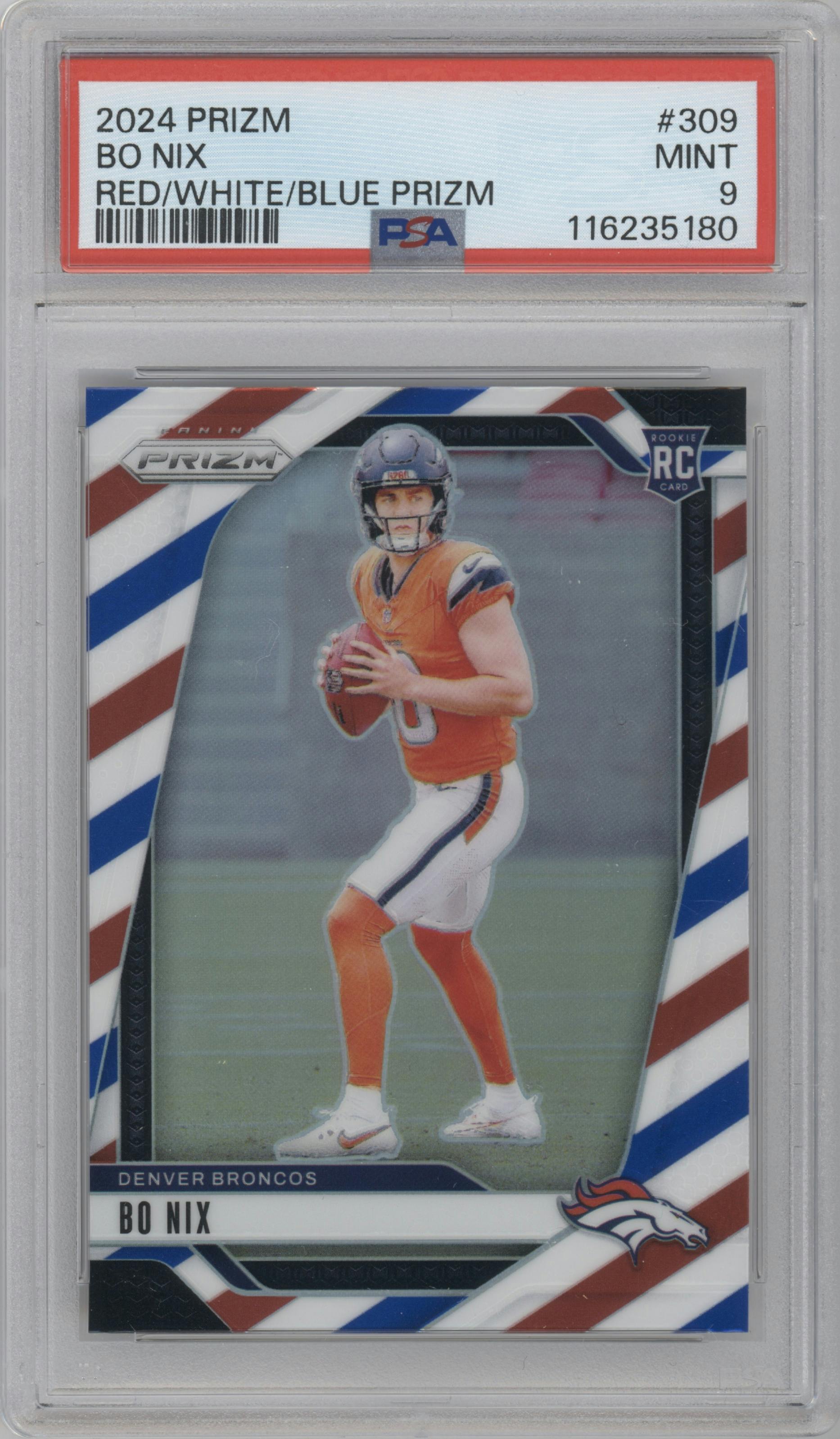 Bo Nix from the 2024 Panini Prizm set featuring a Red White Blue Prizm parallel graded by PSA and given an overall grade of 9.