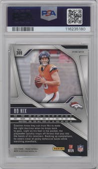Bo Nix from the 2024 Panini Prizm set featuring a Red White Blue Prizm parallel graded by PSA and given an overall grade of 9.