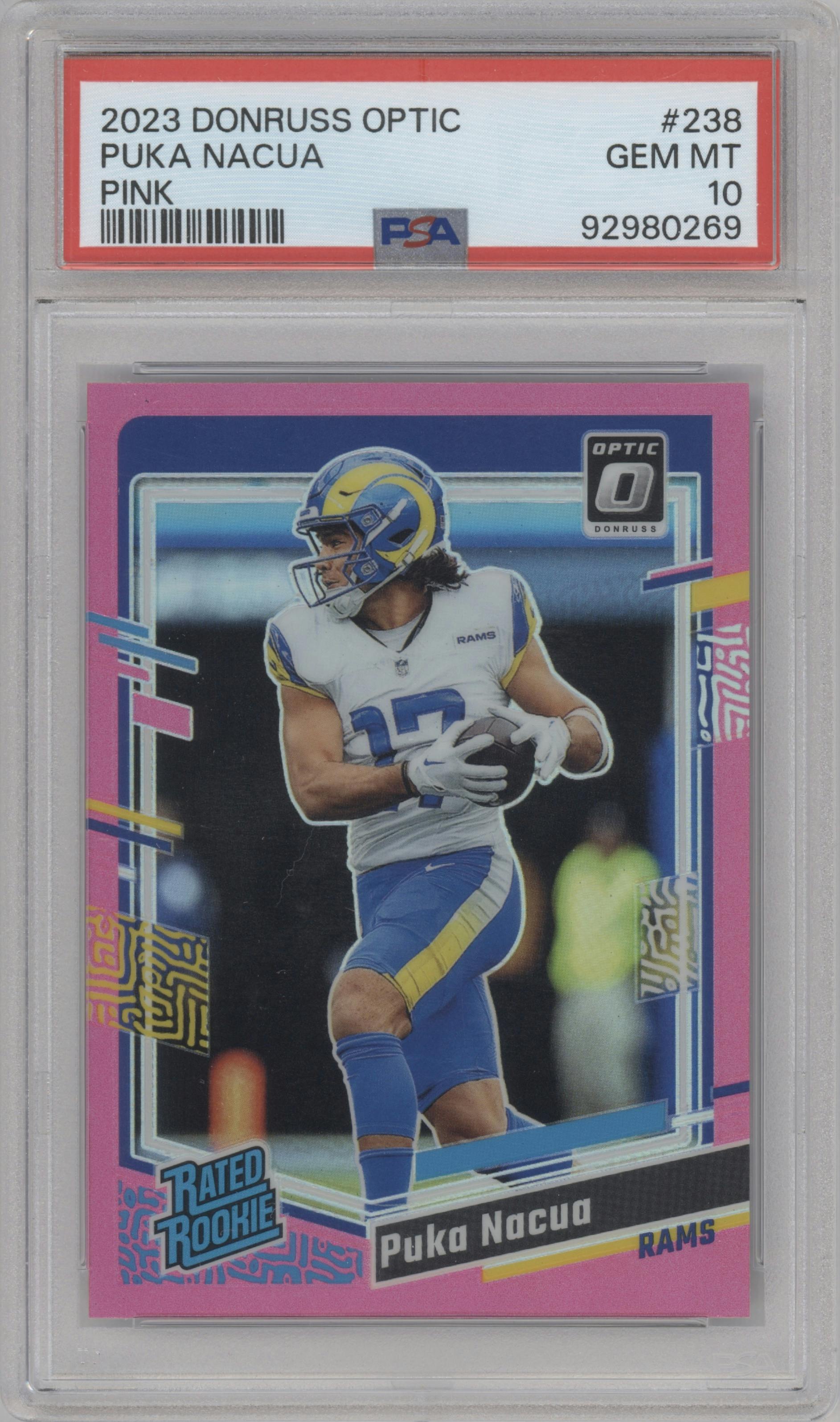 Puka Nacua from the 2023 Donruss Optic set featuring a Pink parallel graded by PSA and given an overall grade of 10.