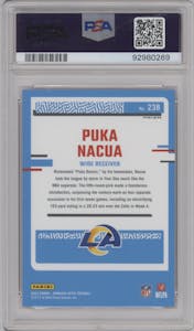 Puka Nacua from the 2023 Donruss Optic set featuring a Pink parallel graded by PSA and given an overall grade of 10.