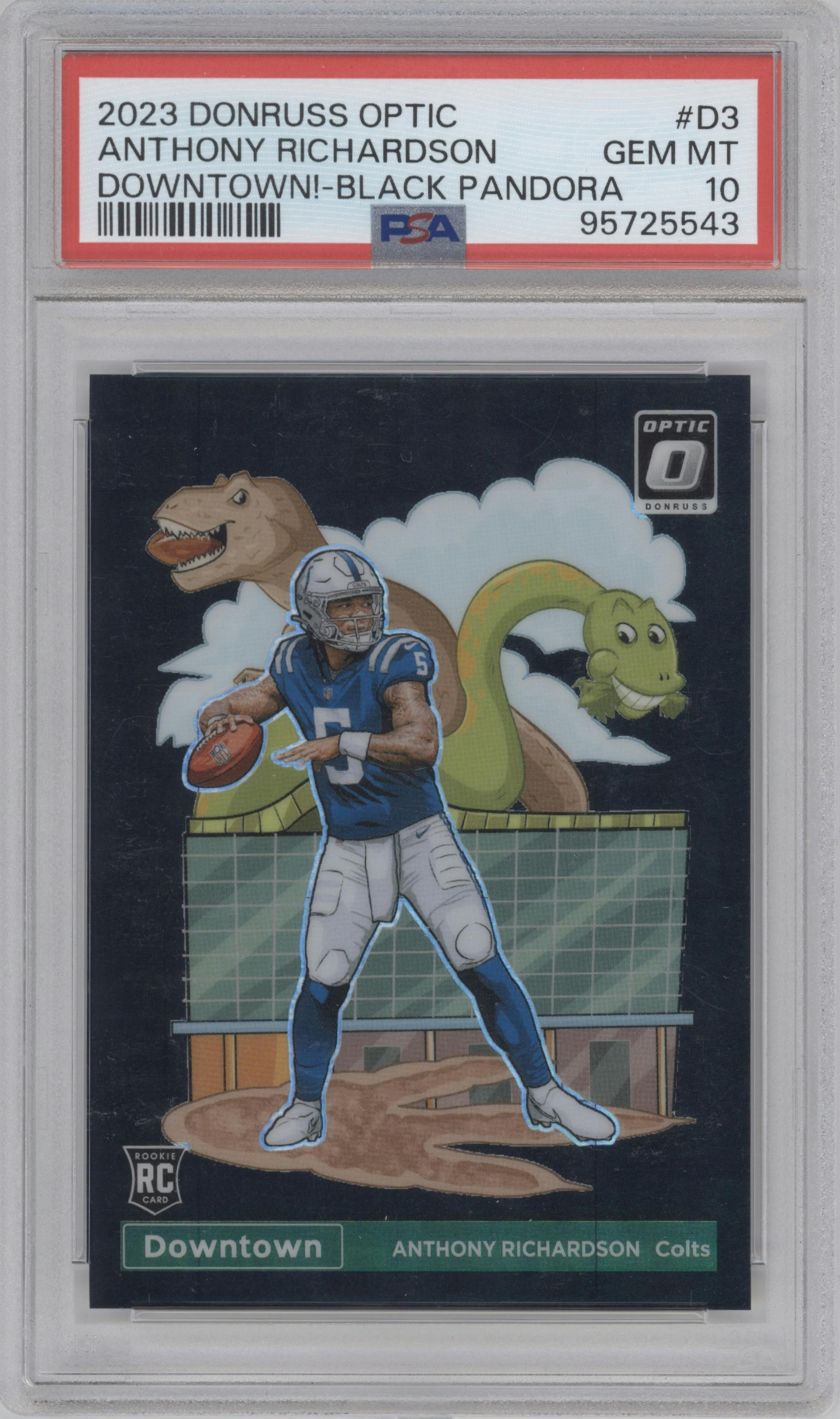 Anthony Richardson from the 2023 Donruss Optic set featuring a Black Pandora parallel graded by PSA and given an overall grade of 10.