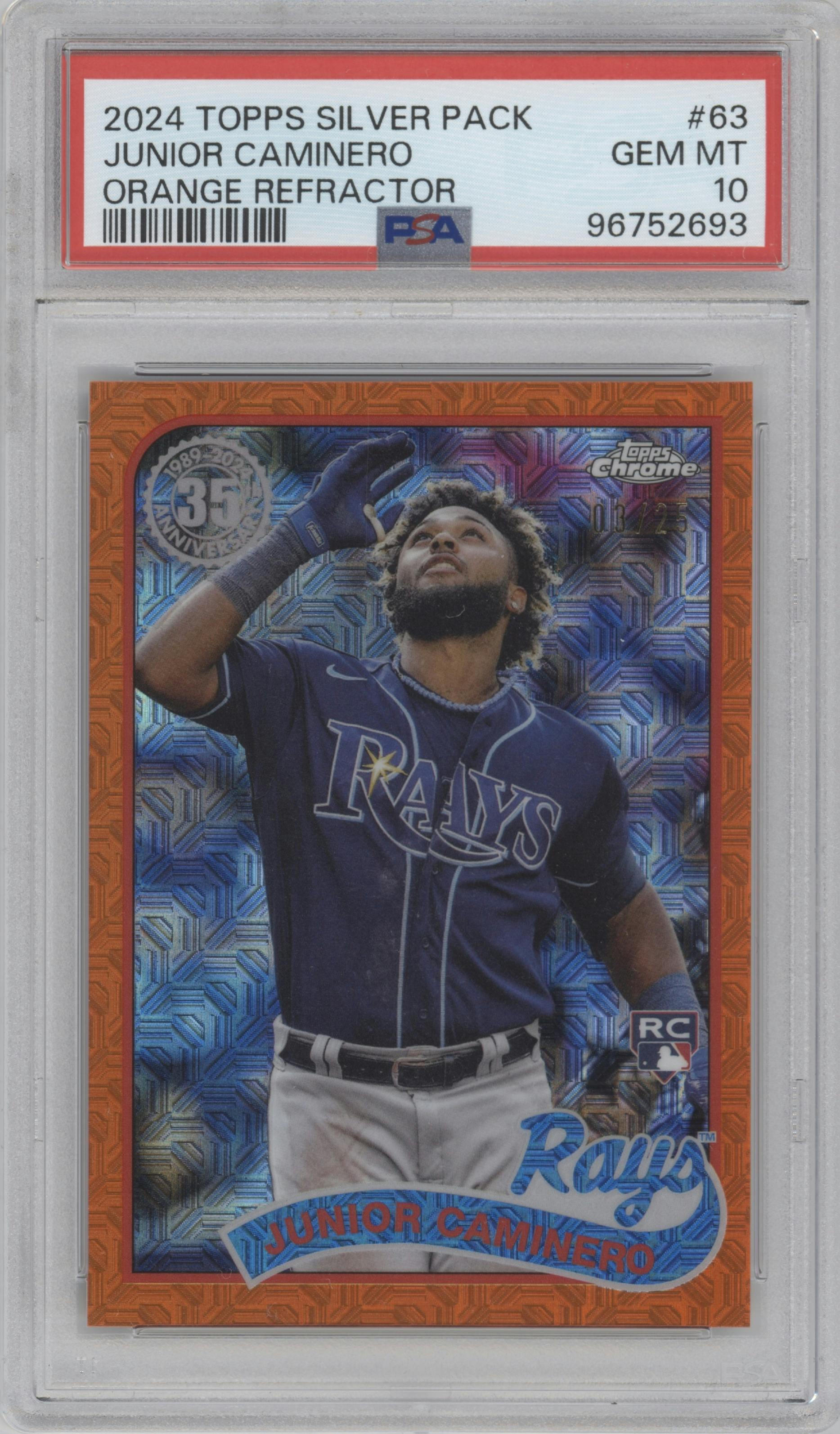 Junior Caminero from the 2024 Topps Series 2 Silver Pack set featuring a Orange parallel graded by PSA and given an overall grade of 10.