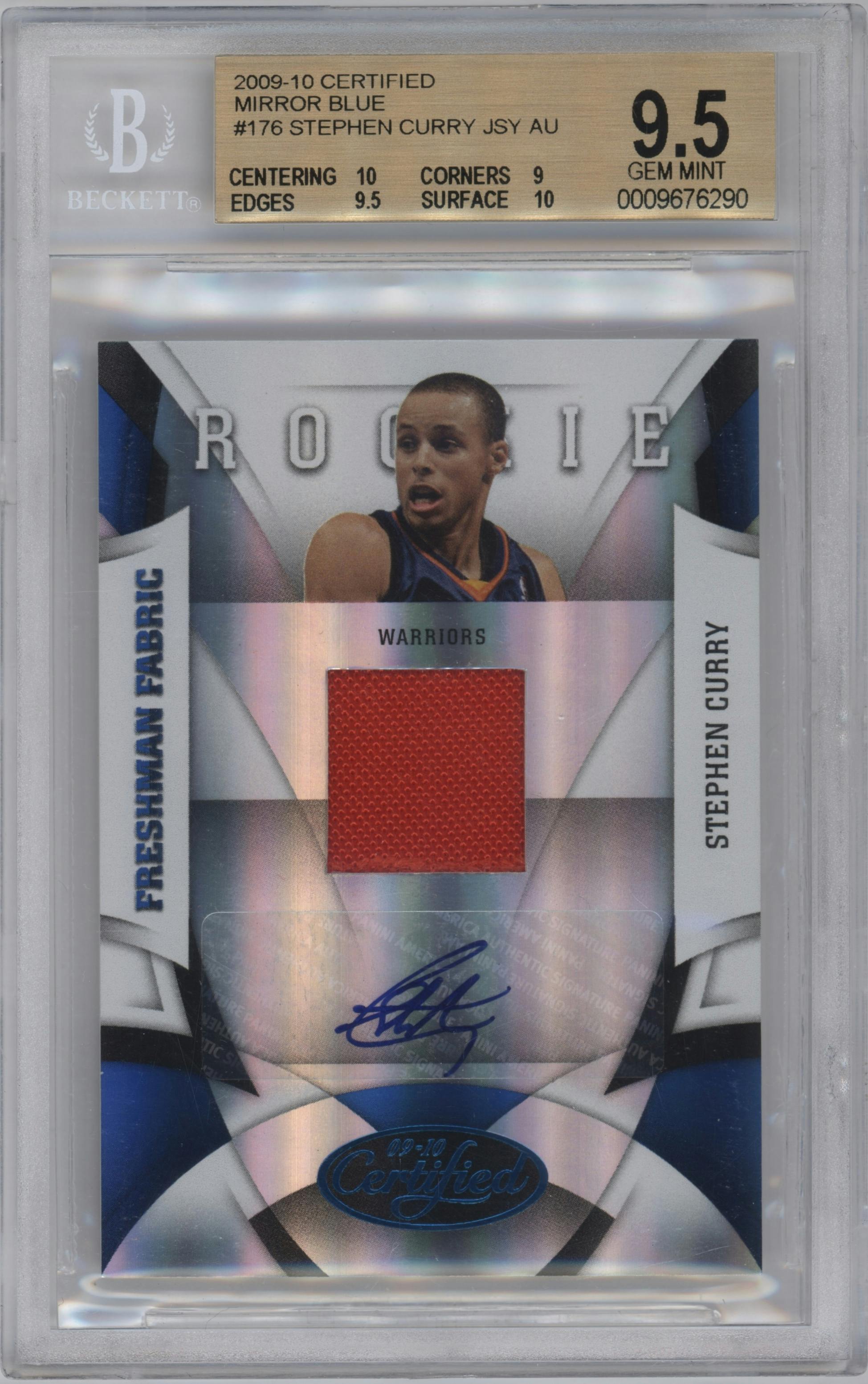 Stephen Curry from the 2009-10 Panini Certified set featuring a Mirror Blue parallel graded by Beckett and given an overall grade of 9.5.