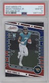 Brian Thomas Jr. from the 2024 Panini Absolute set featuring a Red & Blue parallel graded by PSA and given an overall grade of 10.