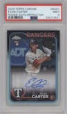 Evan Carter from the 2024 Topps Chrome set featuring a Refractor parallel graded by PSA and given an overall grade of 9.