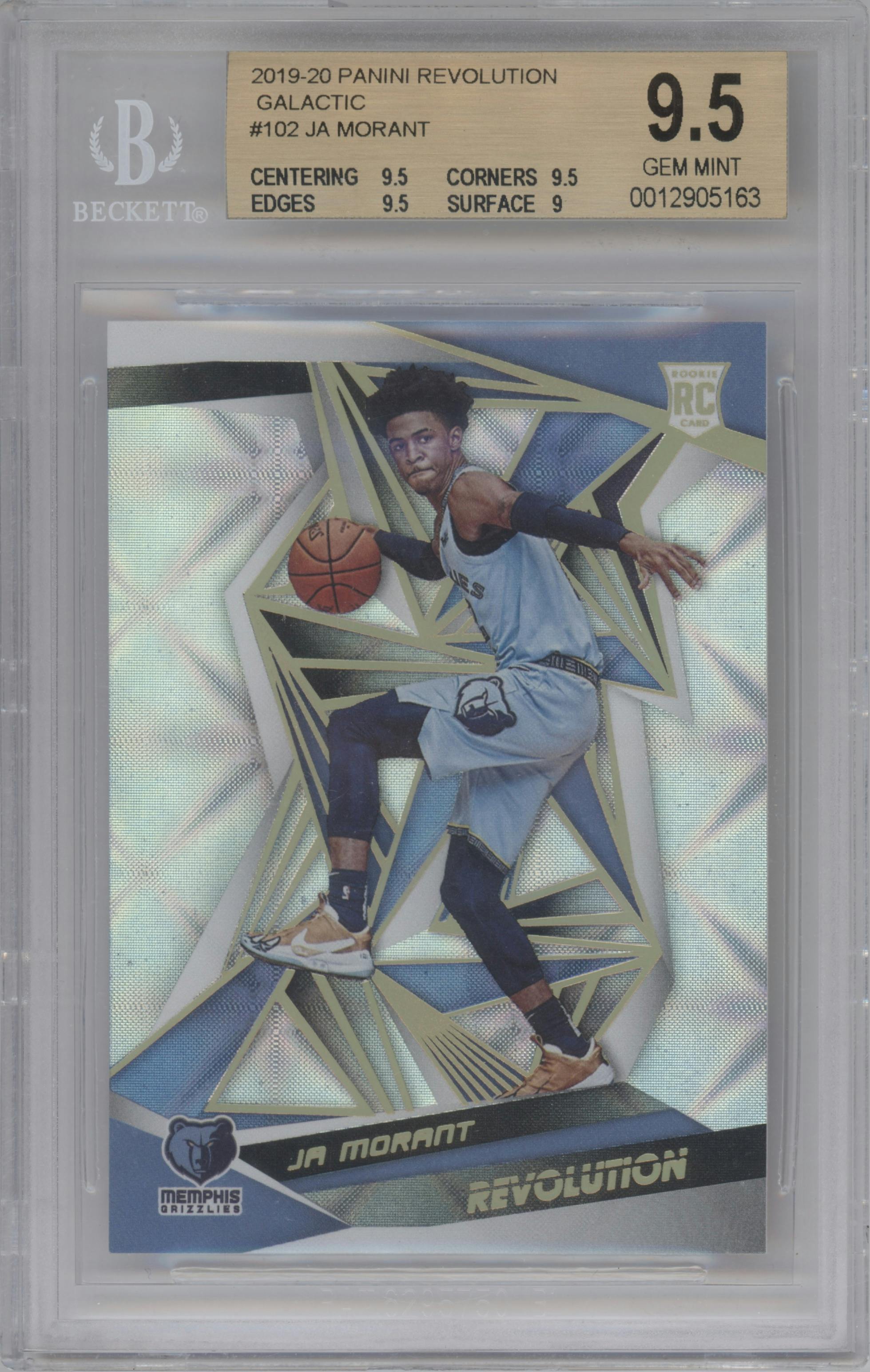 Ja Morant from the 2019-20 Panini Revolution set featuring a Galactic  parallel graded by Beckett and given an overall grade of 9.5.