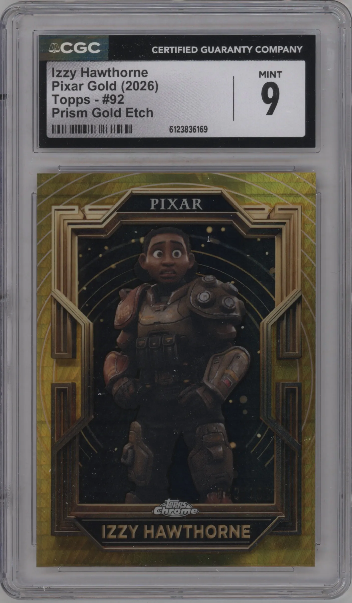 2025 Topps Pixar Gold Izzy Hawthorne Gold Prism Etch Refractor CGC 9