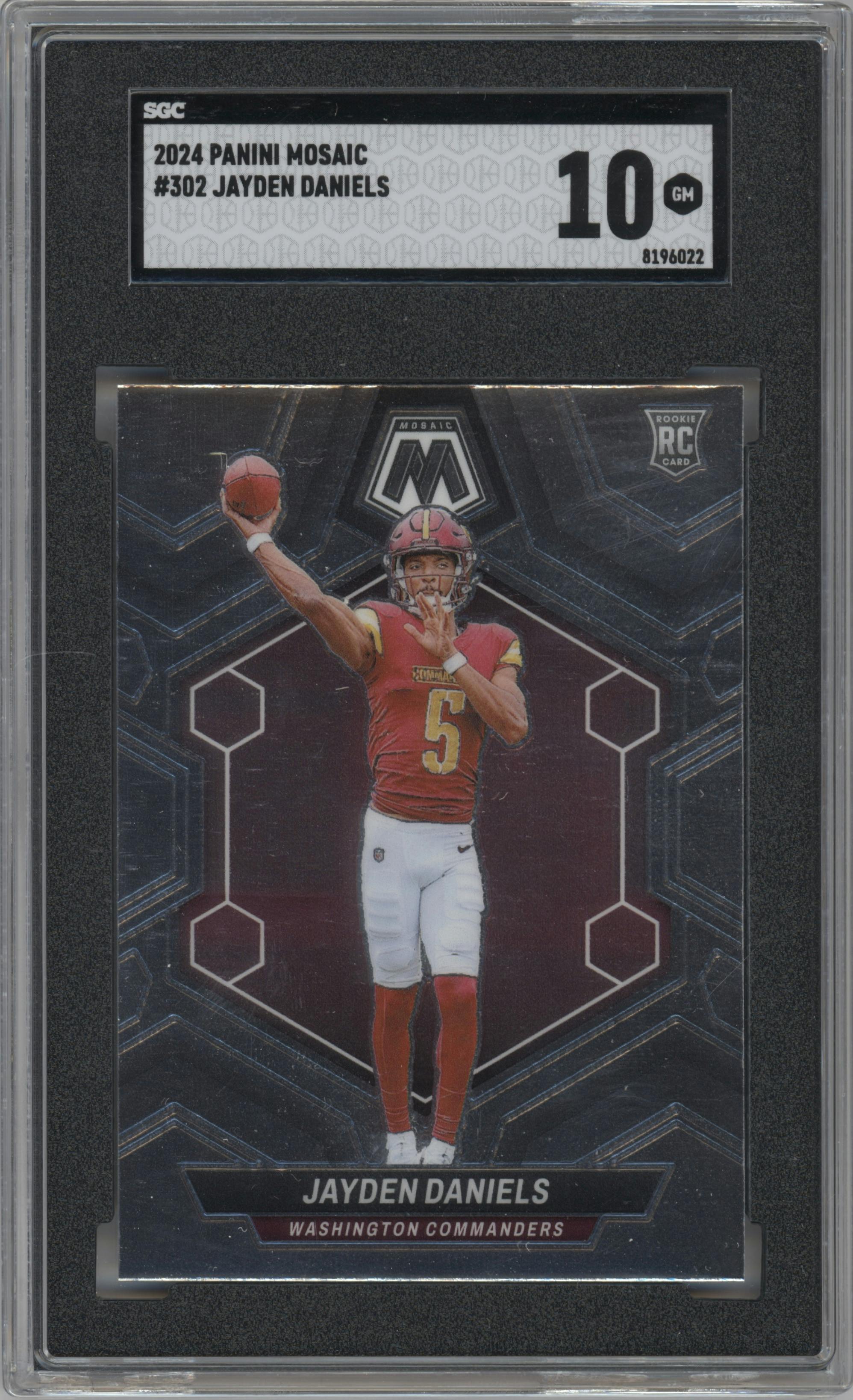 Jayden Daniels from the 2024 Panini Mosaic set graded by SGC and given an overall grade of 10.