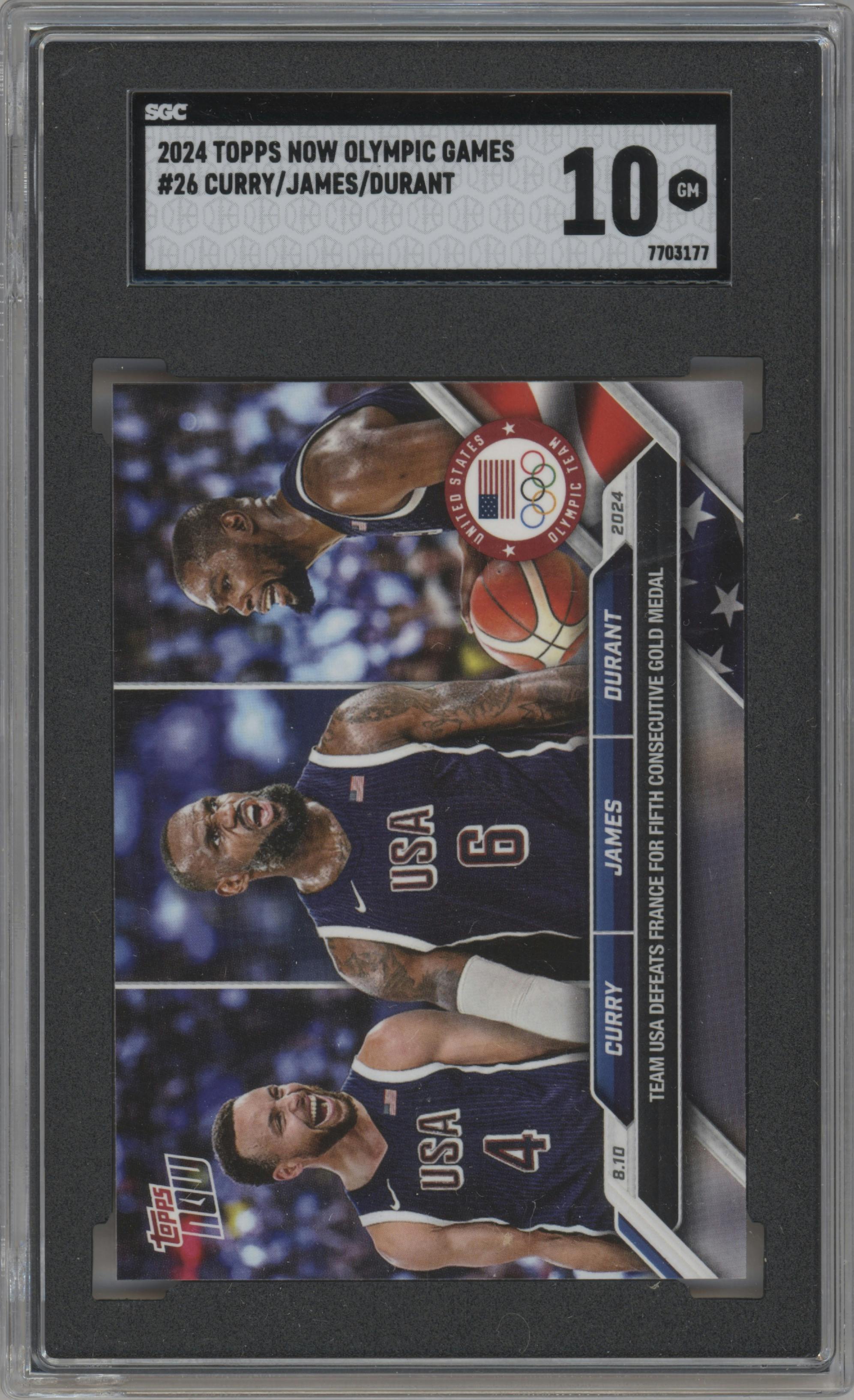 Stephen Curry/LeBron James/Kevin Durant from the 2024 Topps Now Olympics set graded by SGC and given an overall grade of 10.