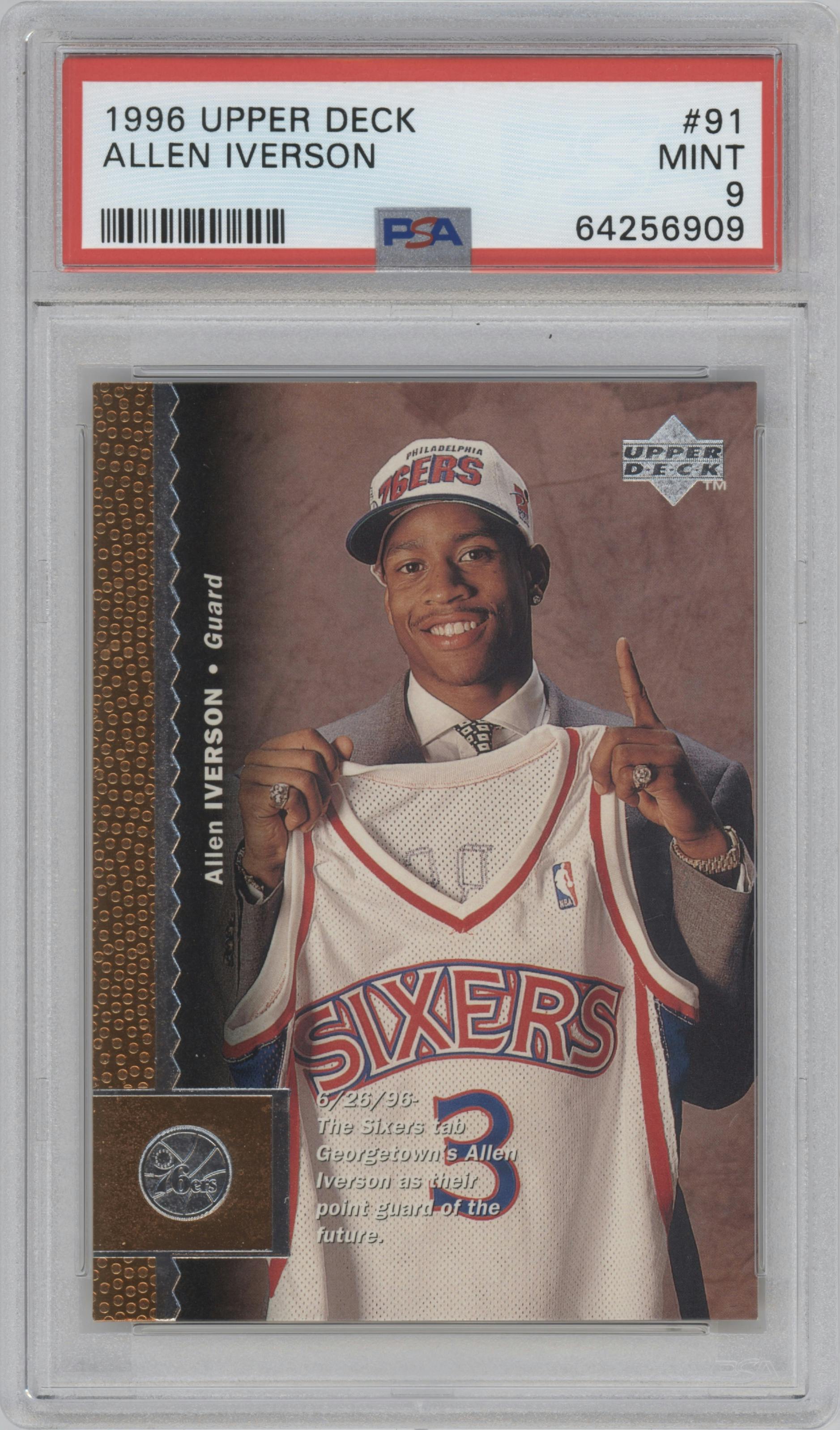 Allen Iverson from the 1996-97 Upper Deck set graded by PSA and given an overall grade of 9.