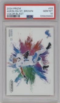 Amon-Ra St.Brown from the 2024 Panini Prizm set graded by PSA and given an overall grade of 10.