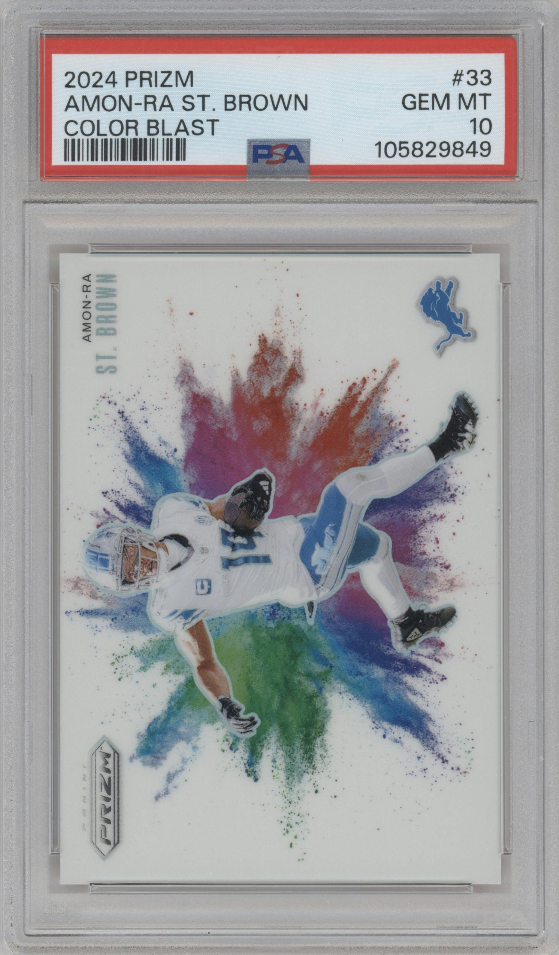 Amon-Ra St.Brown from the 2024 Panini Prizm set graded by PSA and given an overall grade of 10.