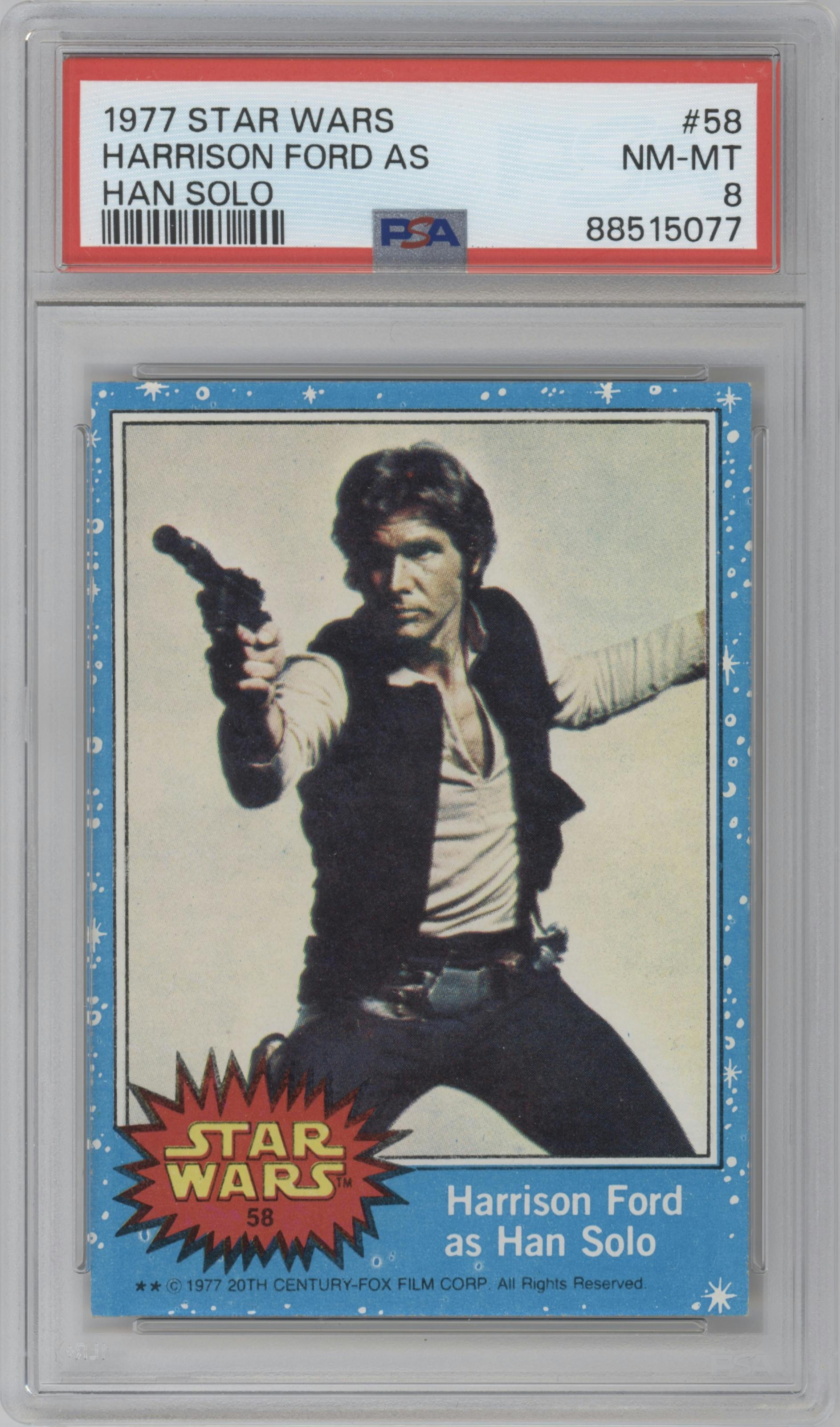Harrison Ford as Han Solo from the 1977 Topps Star Wars set graded by PSA and given an overall grade of 8.