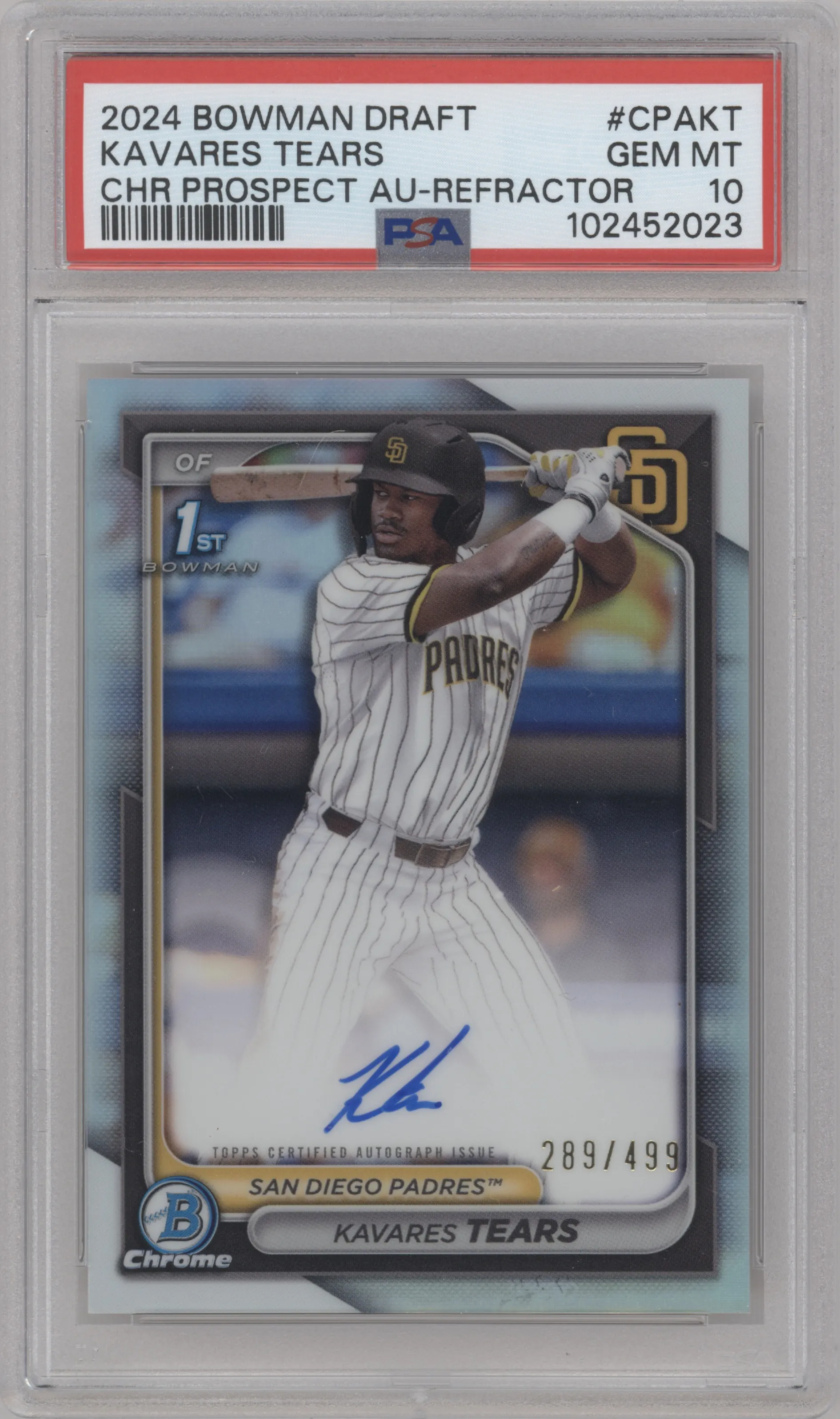 2024 Bowman Draft Chr.Pros.Auto Kavares Tears Refractor PSA 10