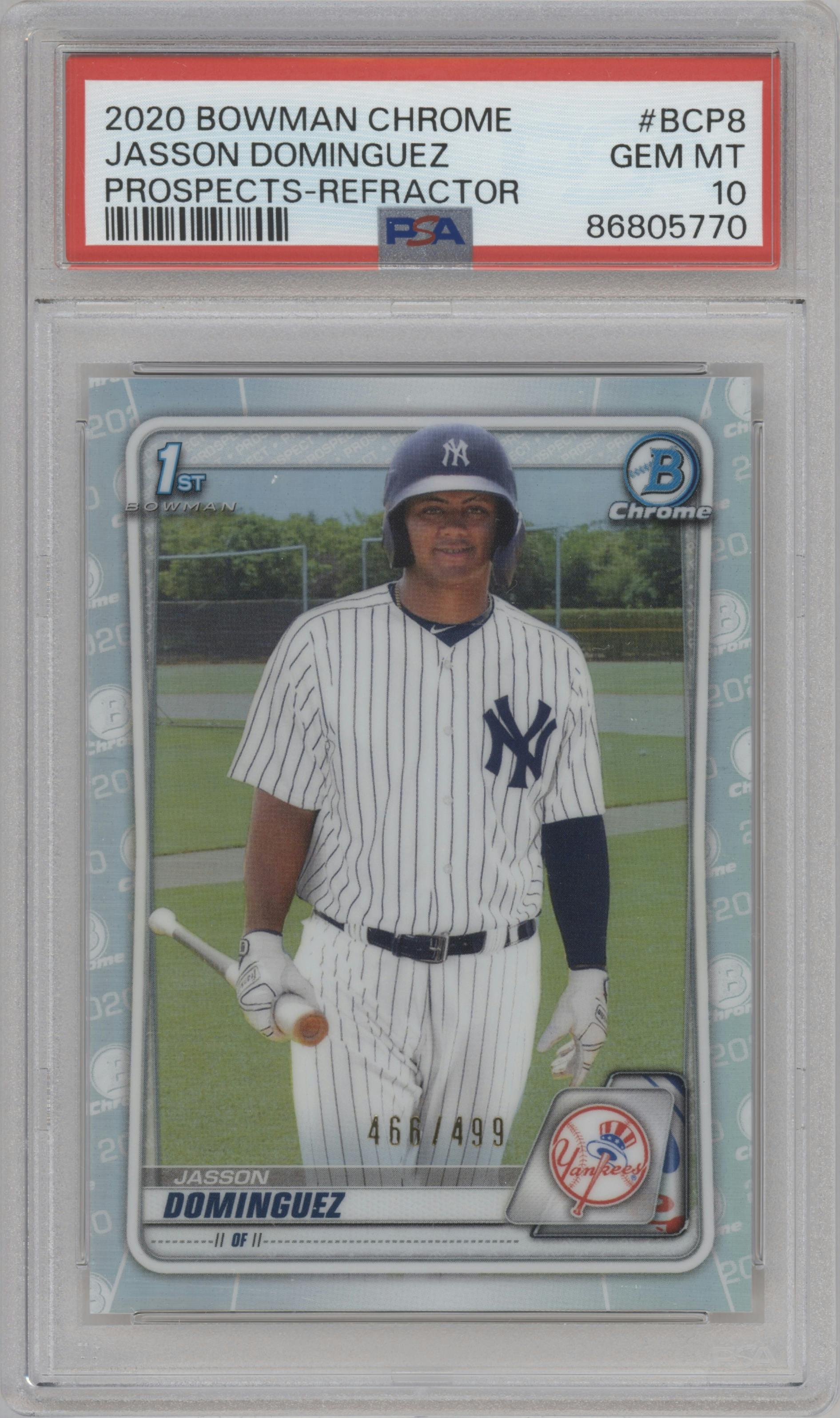 Jasson Dominguez from the 2020 Bowman set featuring a Refractor parallel graded by PSA and given an overall grade of 10.