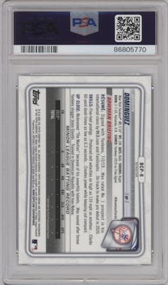Jasson Dominguez from the 2020 Bowman set featuring a Refractor parallel graded by PSA and given an overall grade of 10.