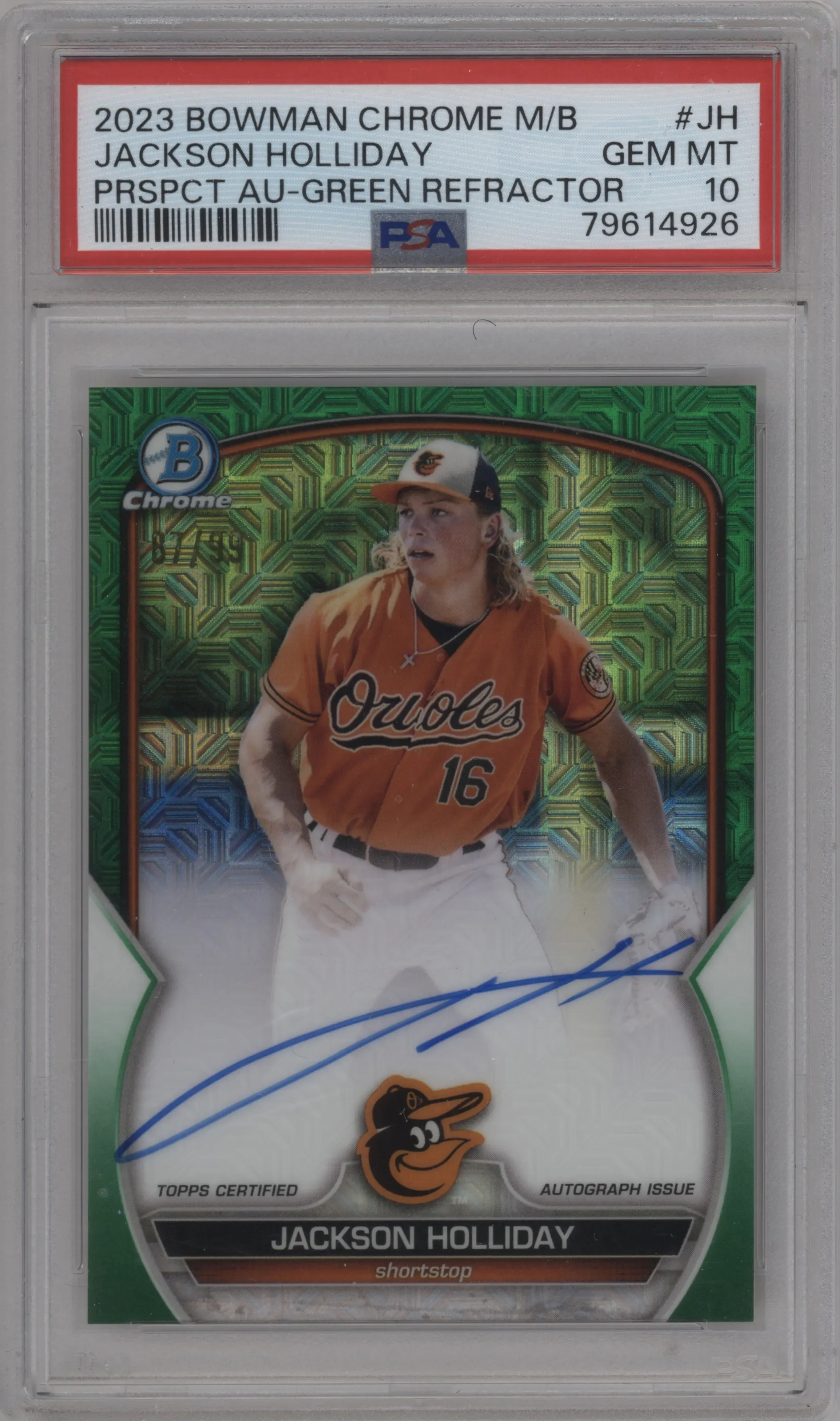 2023 Bowman Mega Box Chr.Pros.Auto Jackson Holliday Green Refractor PSA 10