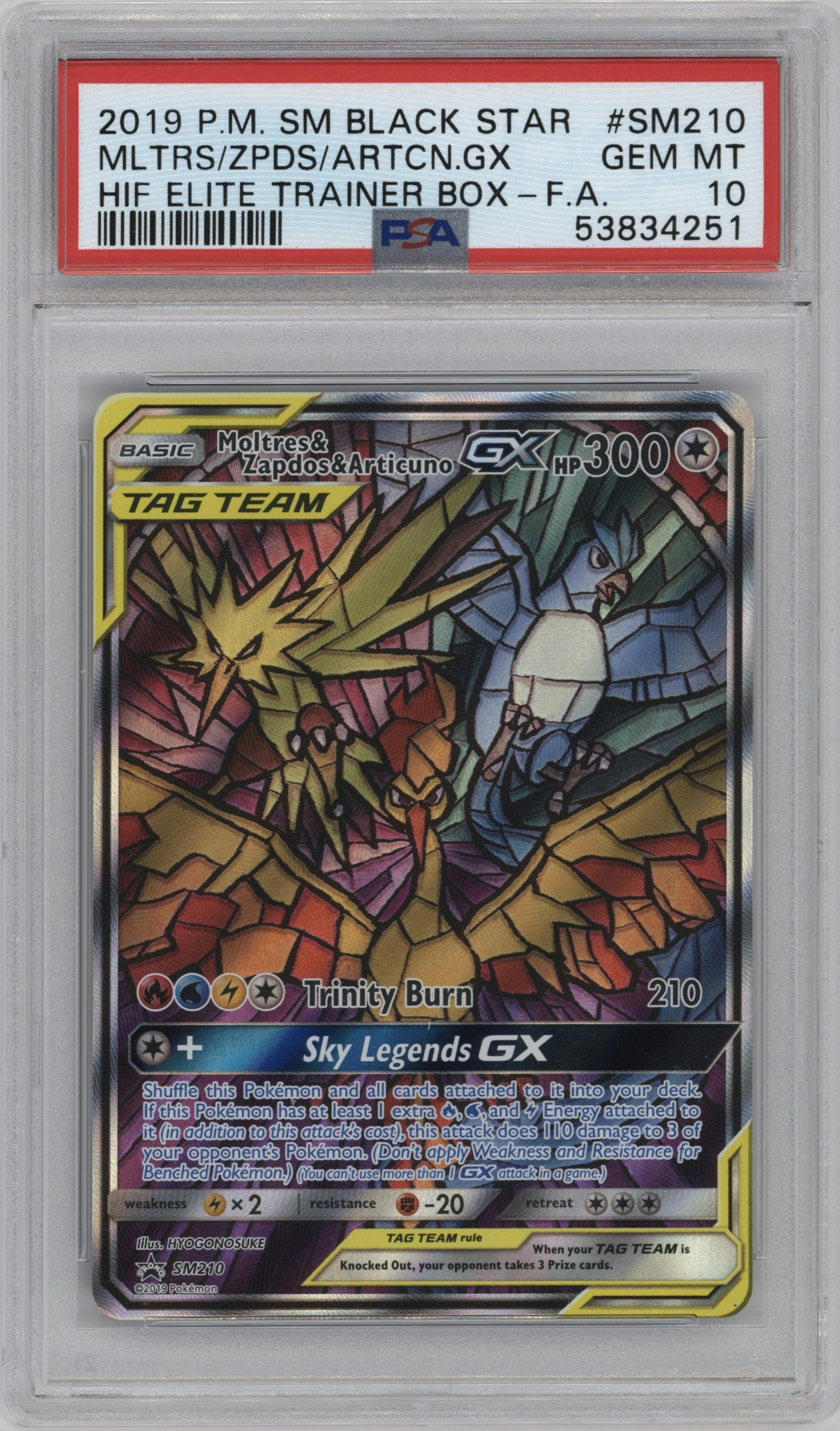 Moltres/Zapdos/Articuno GX from the 2019 Pokemon S&M  set featuring a Hidden Fates Elite Trainer Box parallel graded by PSA and given an overall grade of 10.