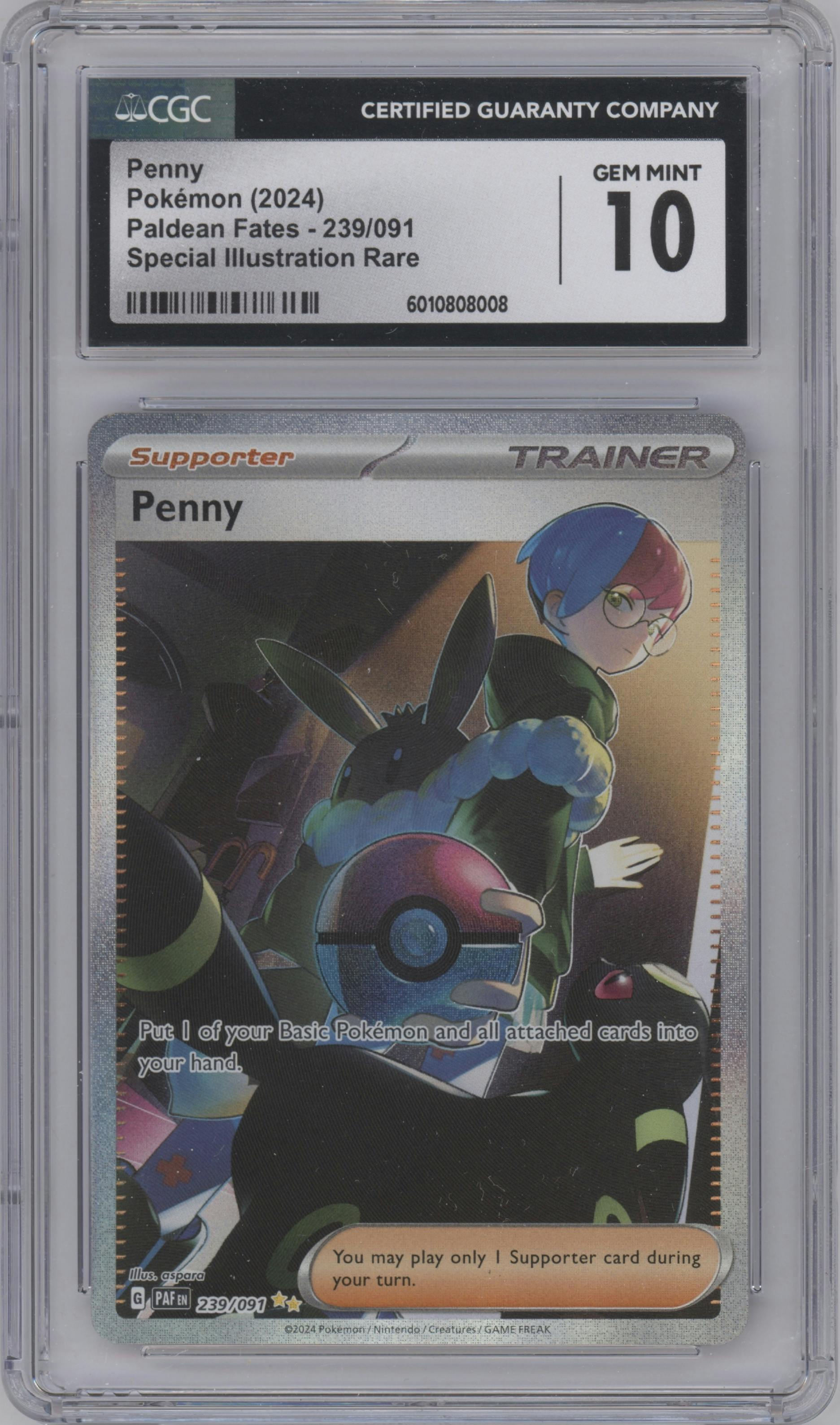 Penny from the 2024 Pokemon SV set graded by CSG and given an overall grade of 10.