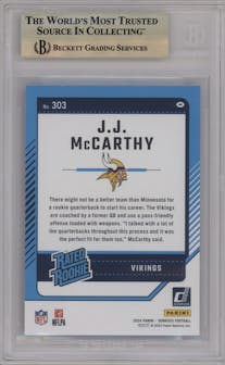 J.J. McCarthy from the 2024 Donruss set featuring a Press Proof Blue parallel graded by Beckett and given an overall grade of 9.5.