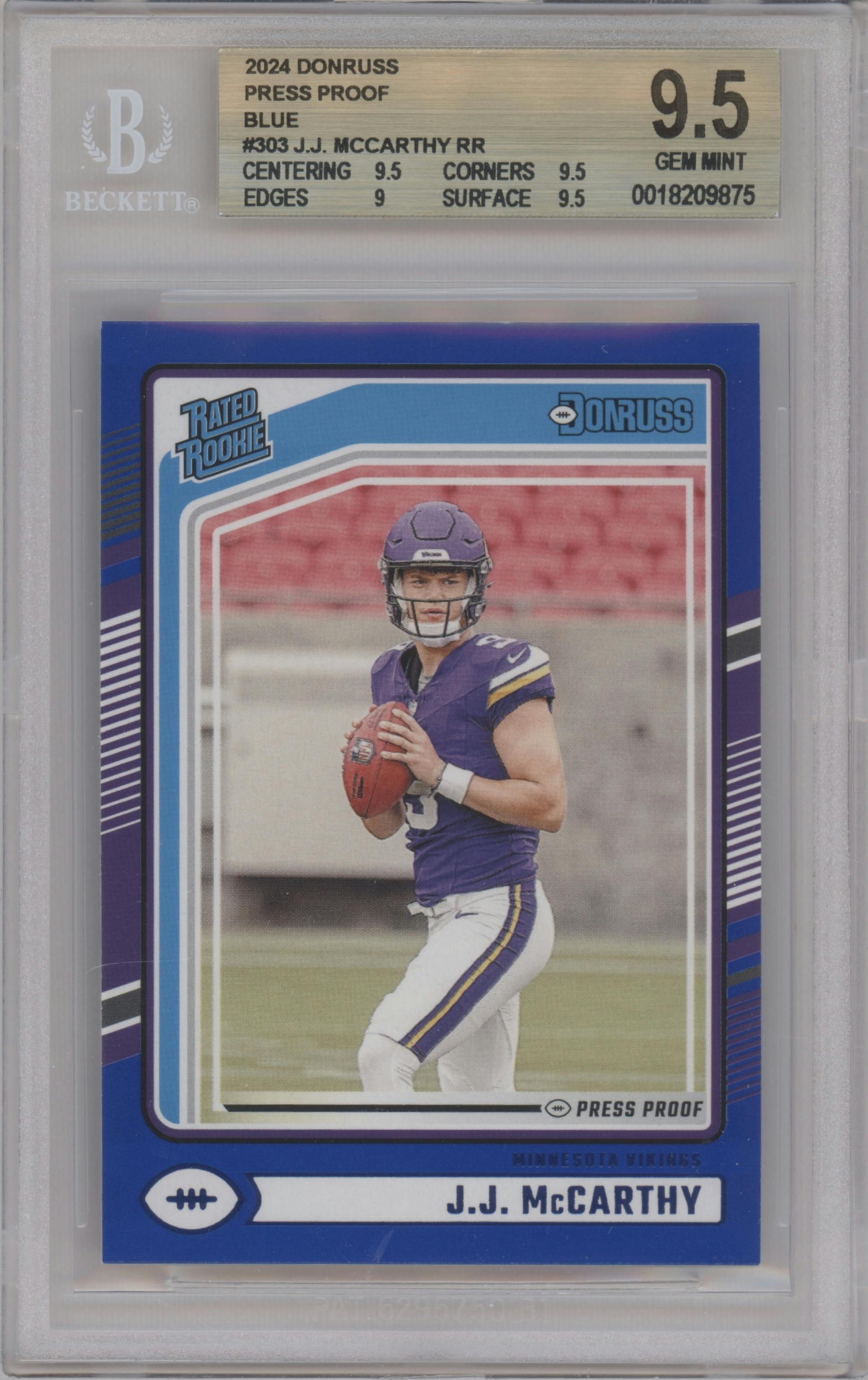 J.J. McCarthy from the 2024 Donruss set featuring a Press Proof Blue parallel graded by Beckett and given an overall grade of 9.5.