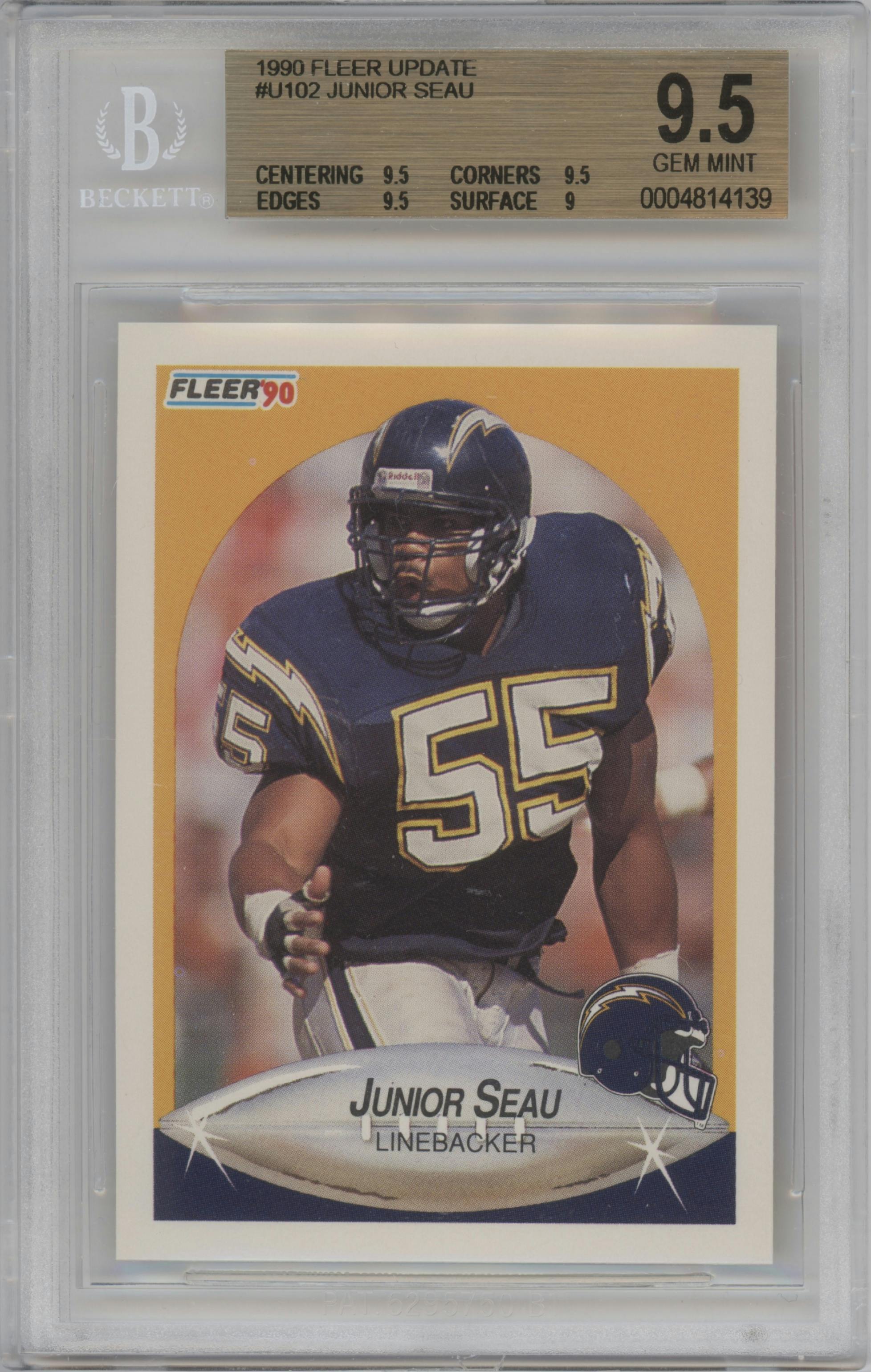 Junior Seau from the 1990 Fleer Update set graded by Beckett and given an overall grade of 9.5.