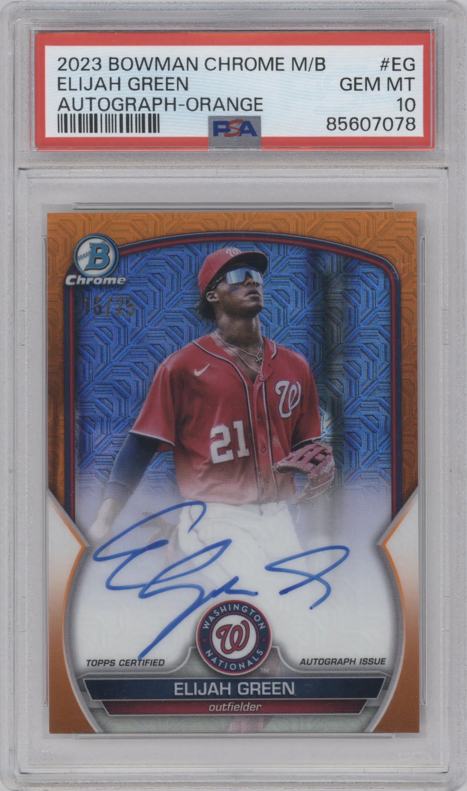 Elijah Green from the 2023 Bowman Chrome Mega Box set featuring a Orange Refractor parallel graded by PSA and given an overall grade of 10.