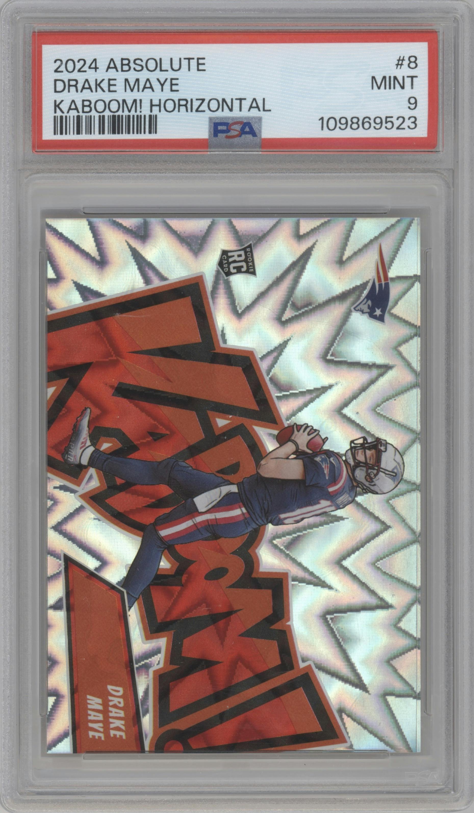 Drake Maye from the 2024 Panini Absolute set graded by PSA and given an overall grade of 9.