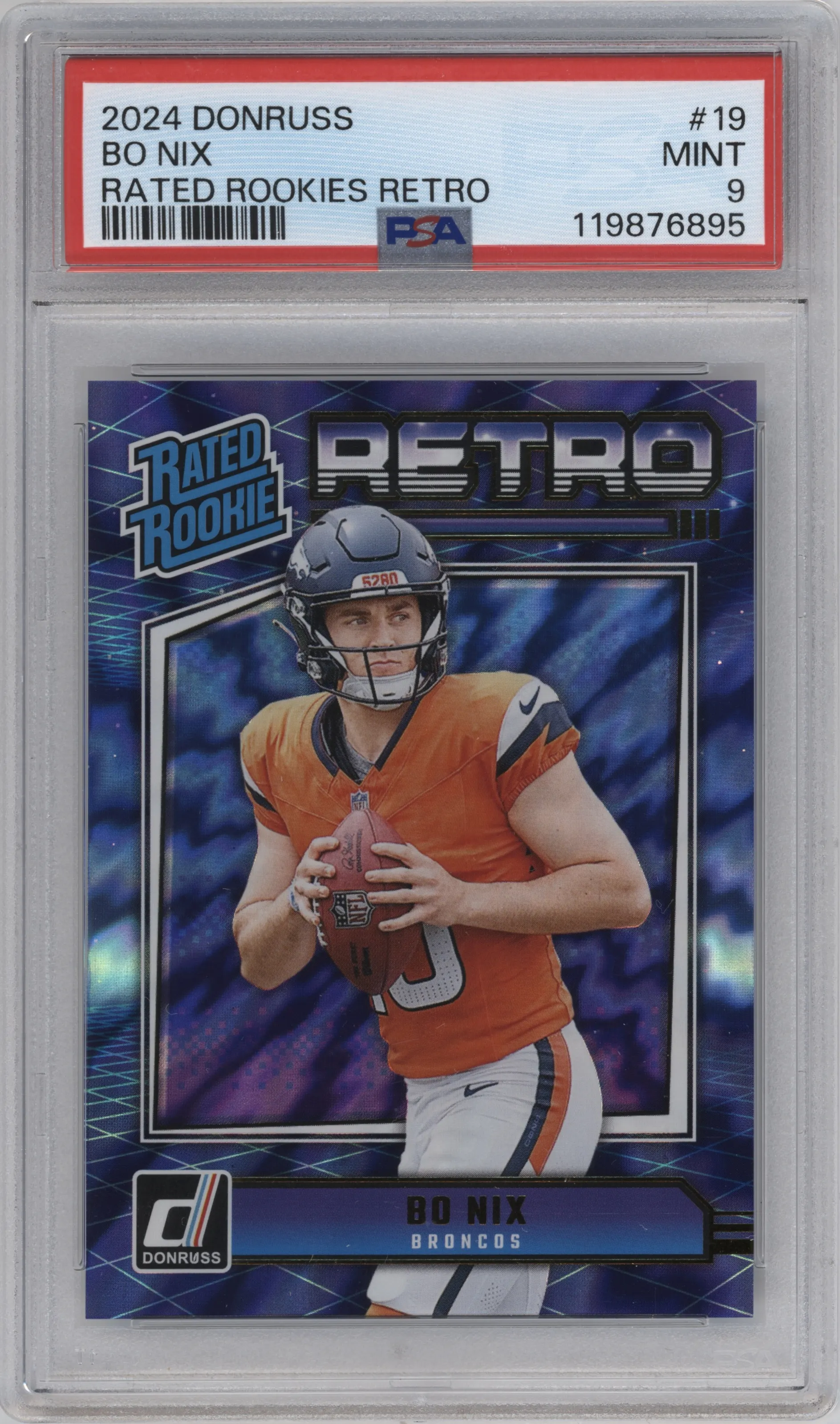 Bo Nix from the 2024 Donruss set graded by PSA and given an overall grade of 9.