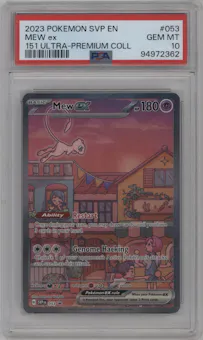 Mew ex from the 2023 Pokemon SV set featuring a Ultra Premium Collection parallel graded by PSA and given an overall grade of 10.