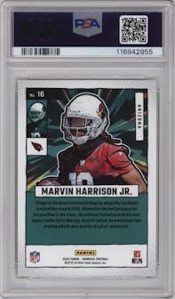 Marvin Harrison Jr. from the 2024 Donruss set featuring a Gold parallel graded by PSA and given an overall grade of 10.