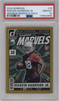 Marvin Harrison Jr. from the 2024 Donruss set featuring a Gold parallel graded by PSA and given an overall grade of 10.