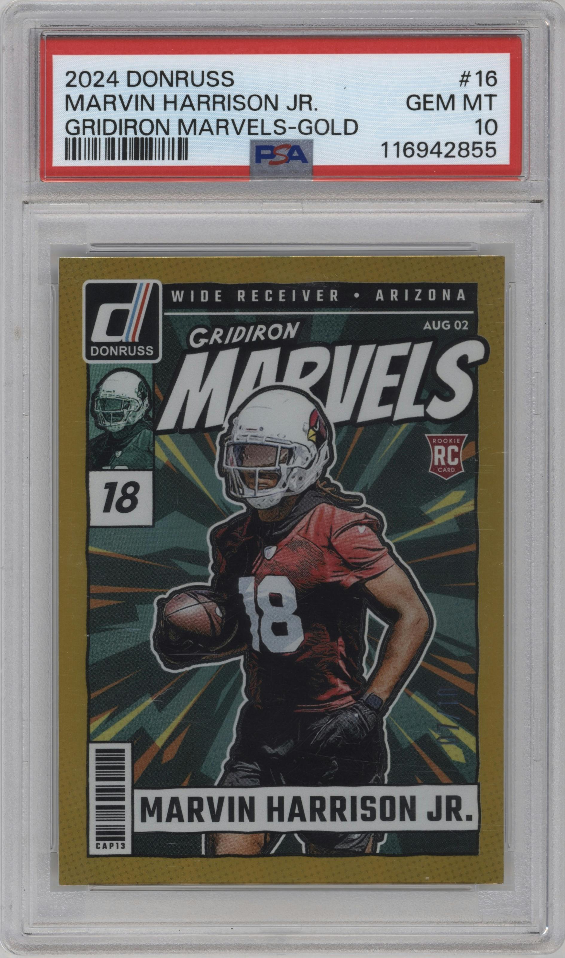 Marvin Harrison Jr. from the 2024 Donruss set featuring a Gold parallel graded by PSA and given an overall grade of 10.