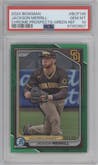 Jackson Merrill from the 2024 Bowman set featuring a Green Refractor parallel graded by PSA and given an overall grade of 10.