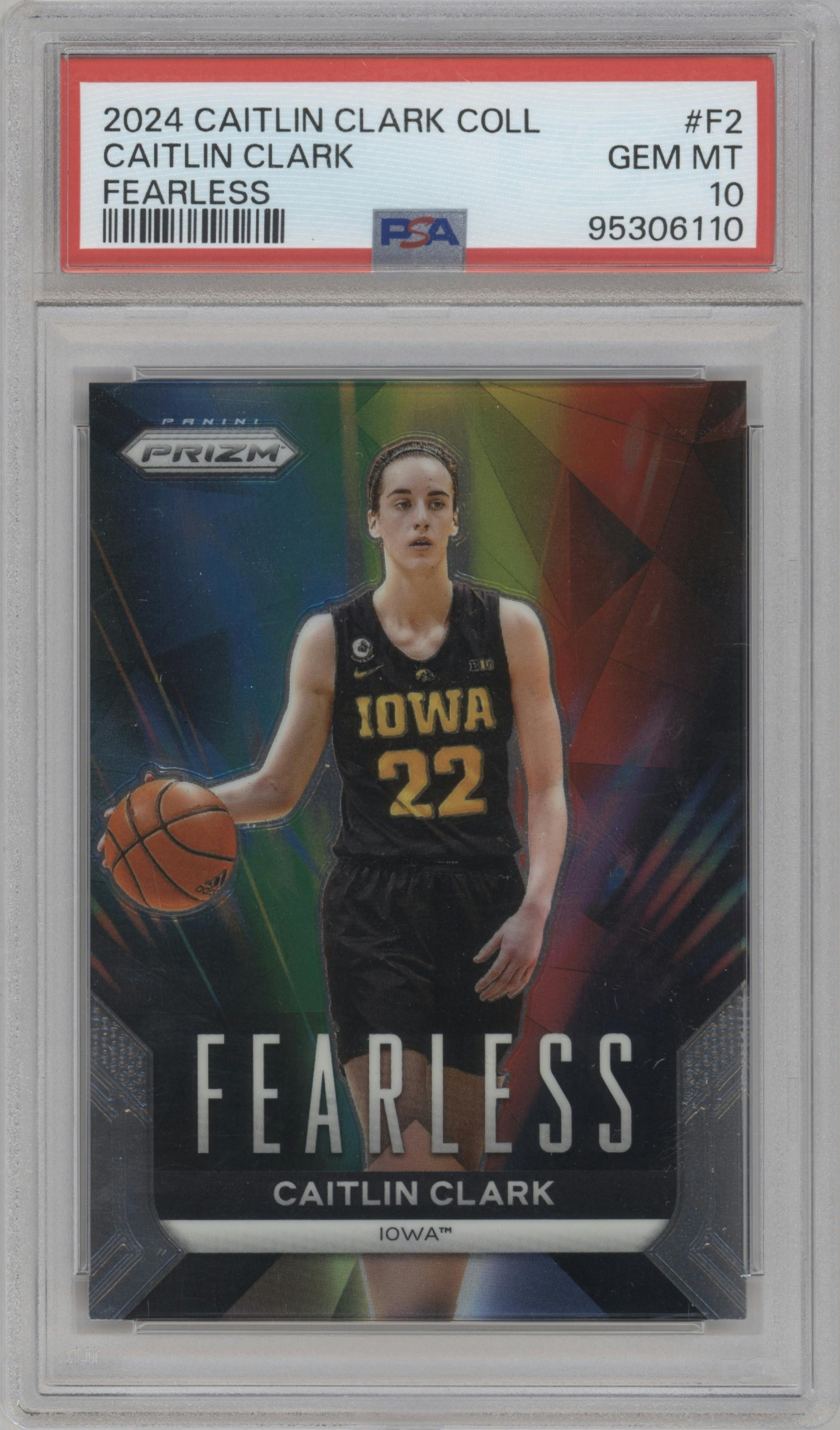 Caitlin Clark from the 2024 Panini Caitlin Clark Collection set graded by PSA and given an overall grade of 10.