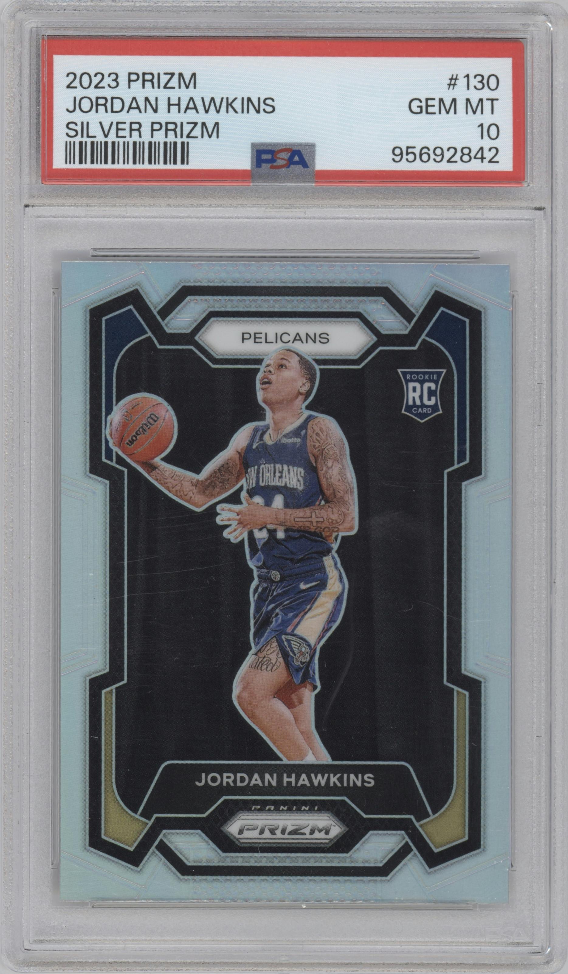 Jordan Hawkins from the 2023-24 Panini Prizm set featuring a Silver Prizm  parallel graded by PSA and given an overall grade of 10.