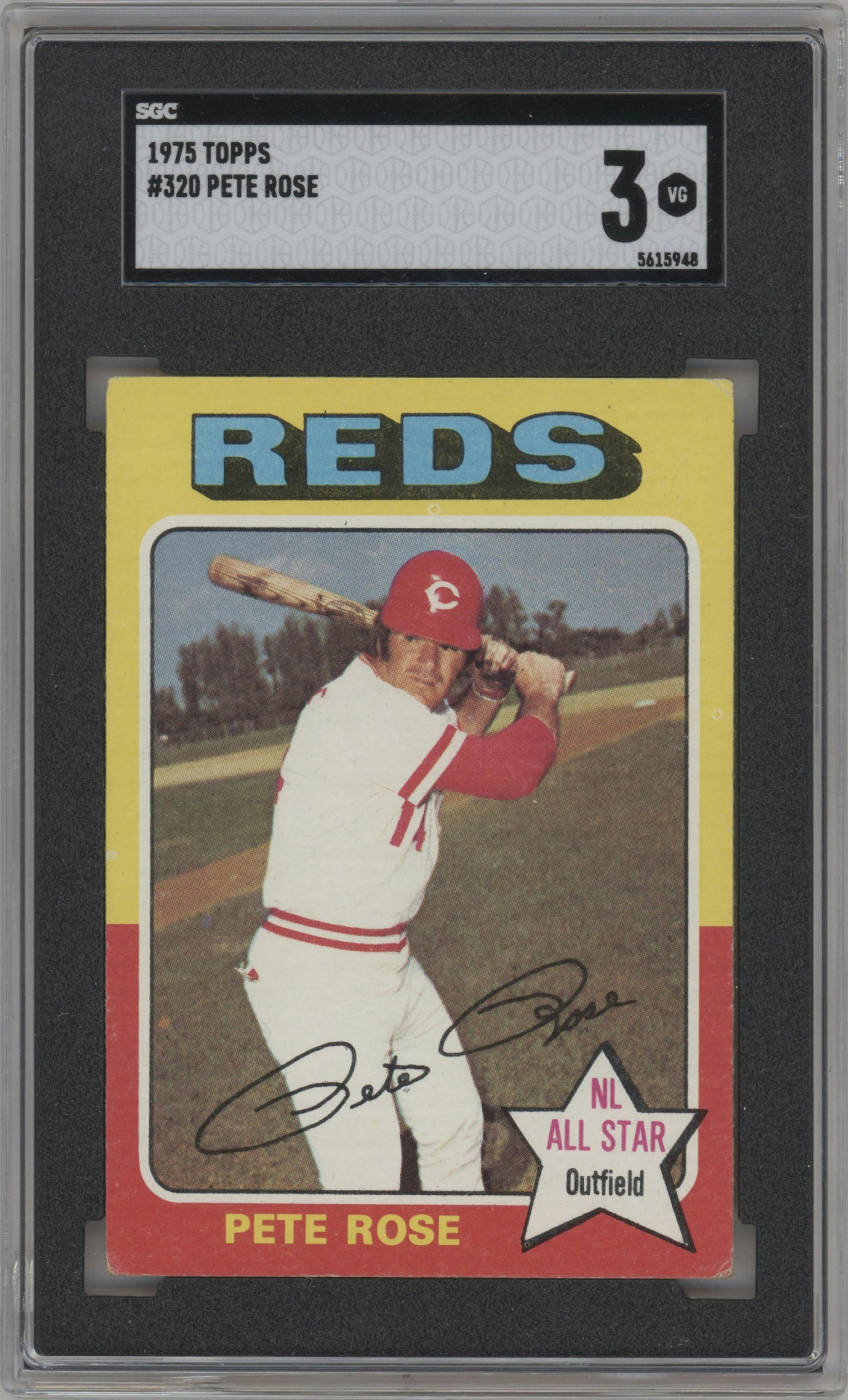 Pete Rose from the 1975 Topps set graded by SGC and given an overall grade of 3.