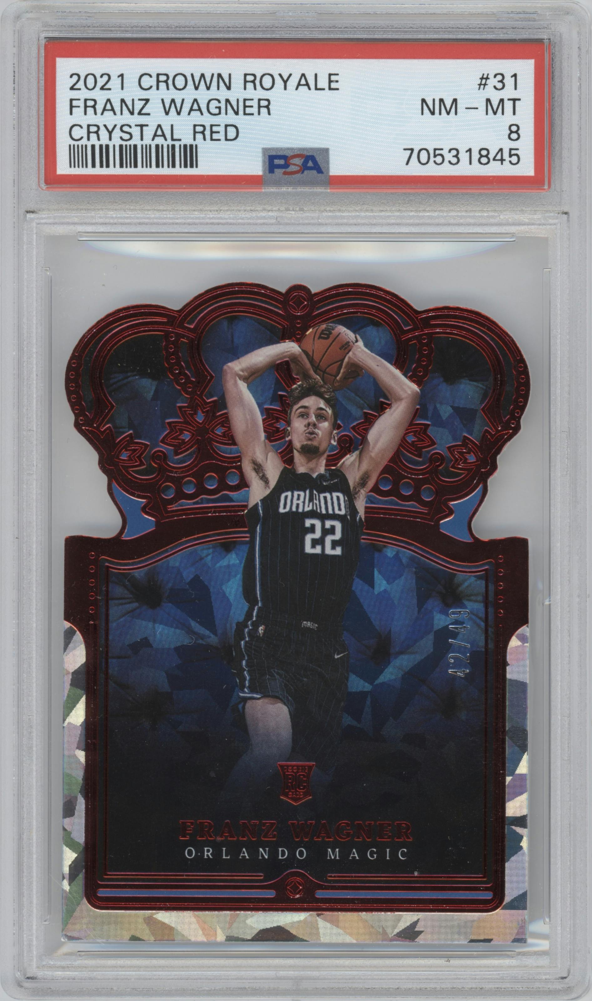 Franz Wagner from the 2021-22 Crown Royale set featuring a Crystal Red parallel graded by PSA and given an overall grade of 8.